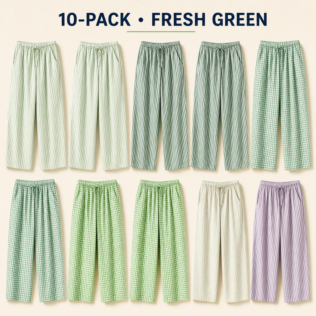 Fresh Green 10-piece women's linen-blend gingham wide-leg pants bundle