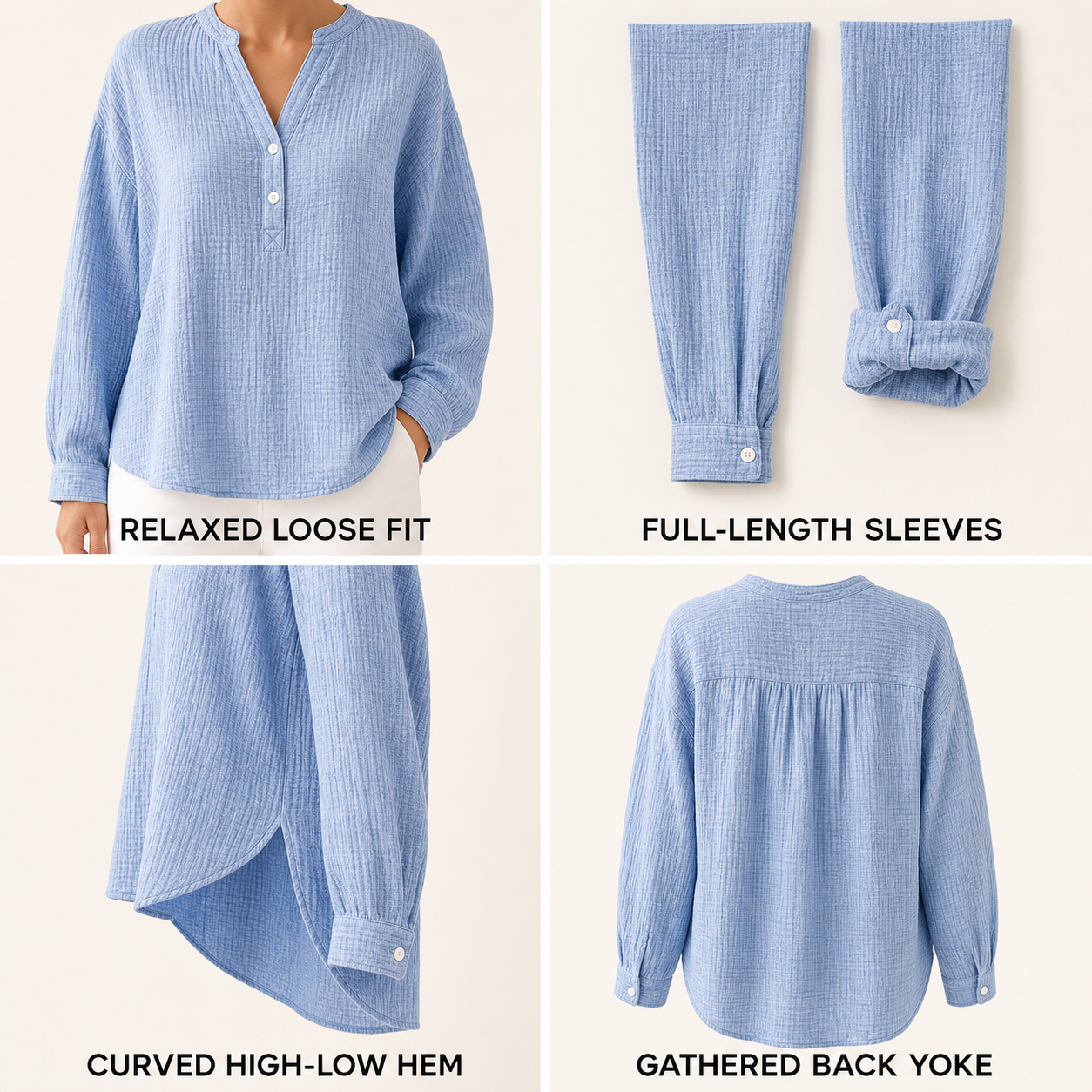 Women's Cotton V-Neck Button Blouse construction and fit details