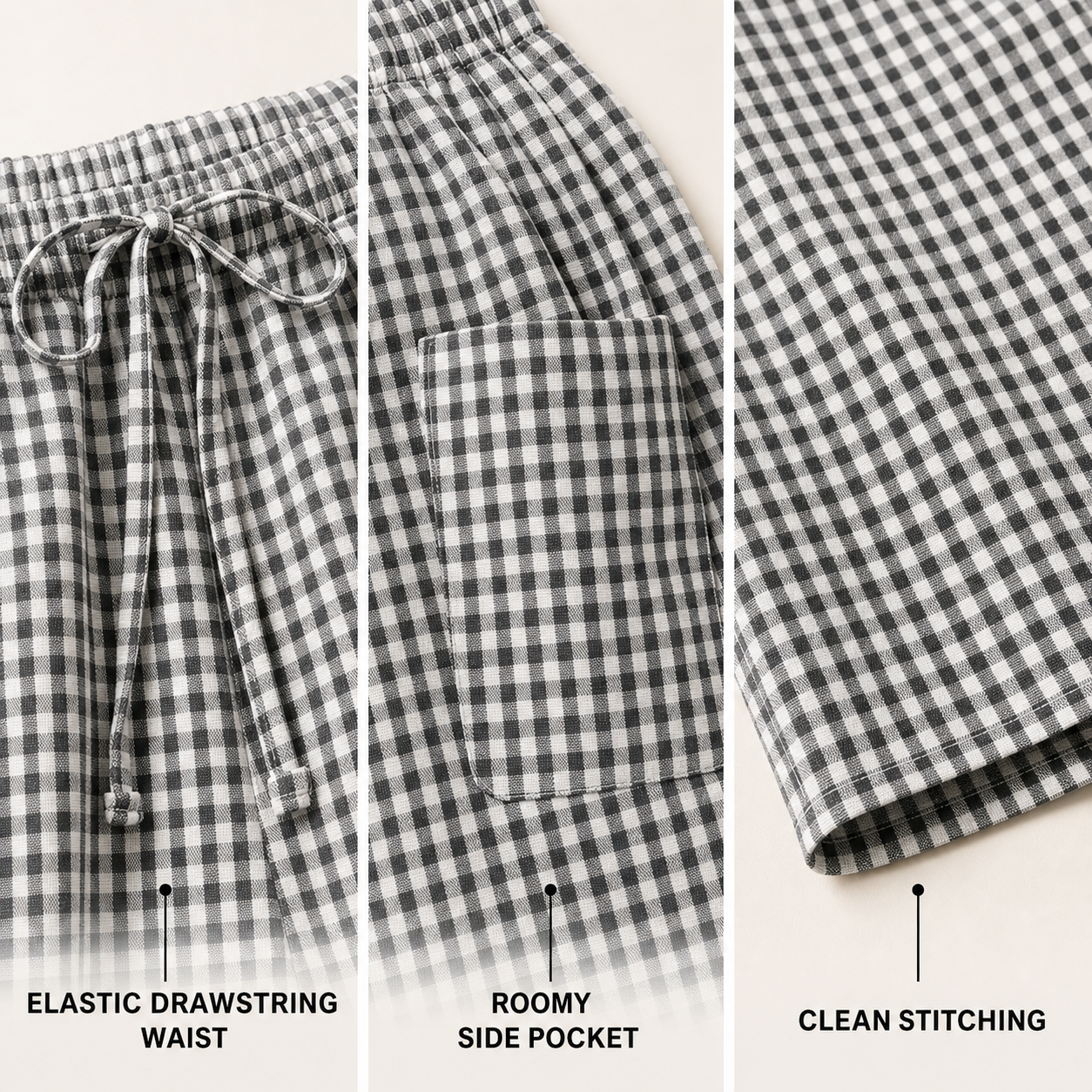 Women's Linen-Blend Gingham Wide-Leg Pants construction and fit details