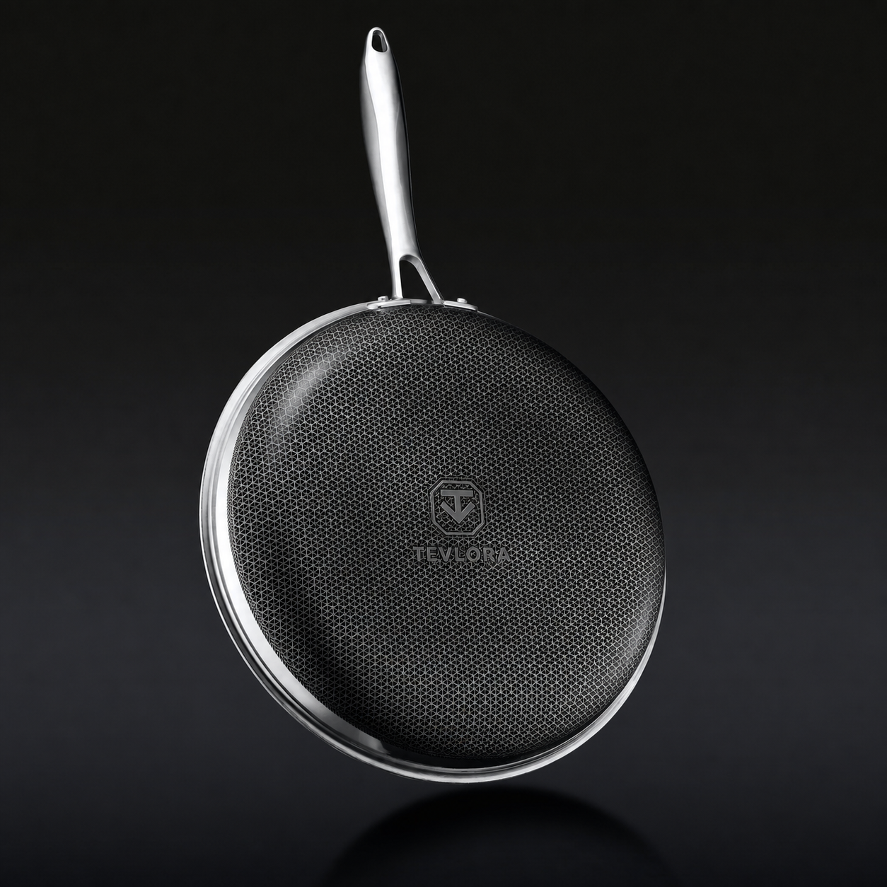 TEVLORA hybrid fry pan underside with TEVLORA emblem