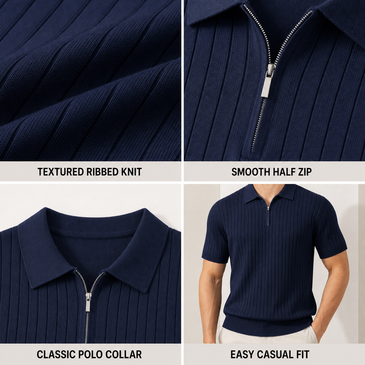 Men's Ribbed Knit Half-Zip Polo Shirt feature details and construction