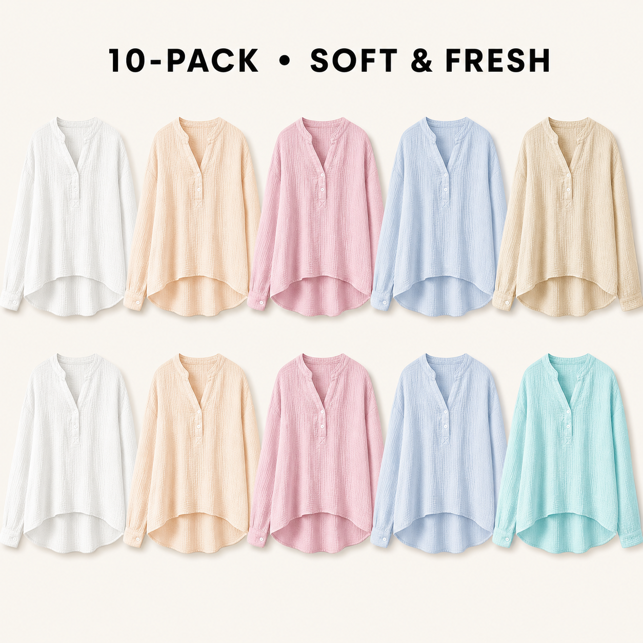 Soft & Fresh 10-piece women's cotton v-neck button blouse bundle