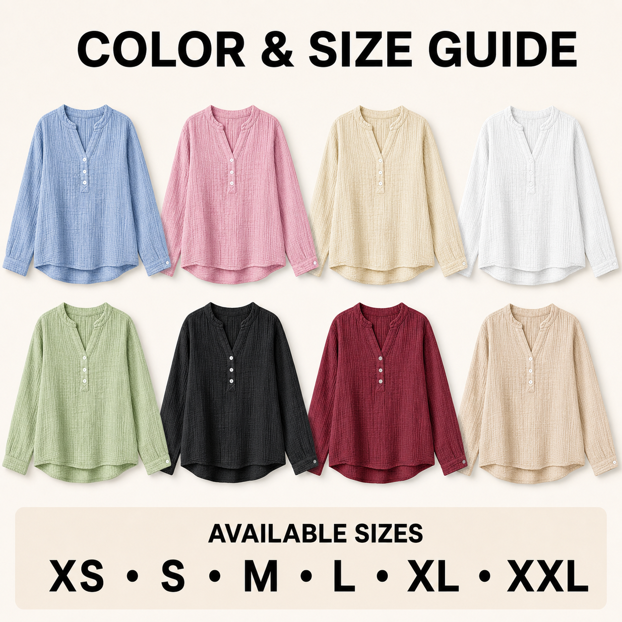 Women's Cotton V-Neck Button Blouse color, sizing or styling guide