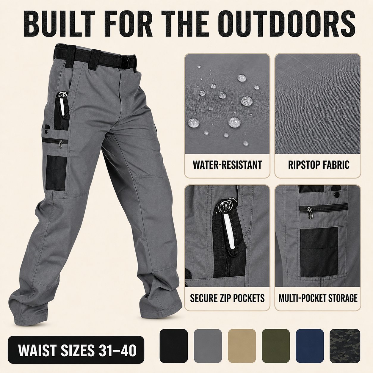 Tactical pants water-resistant fabric, ripstop texture, zipper pockets and waist sizes