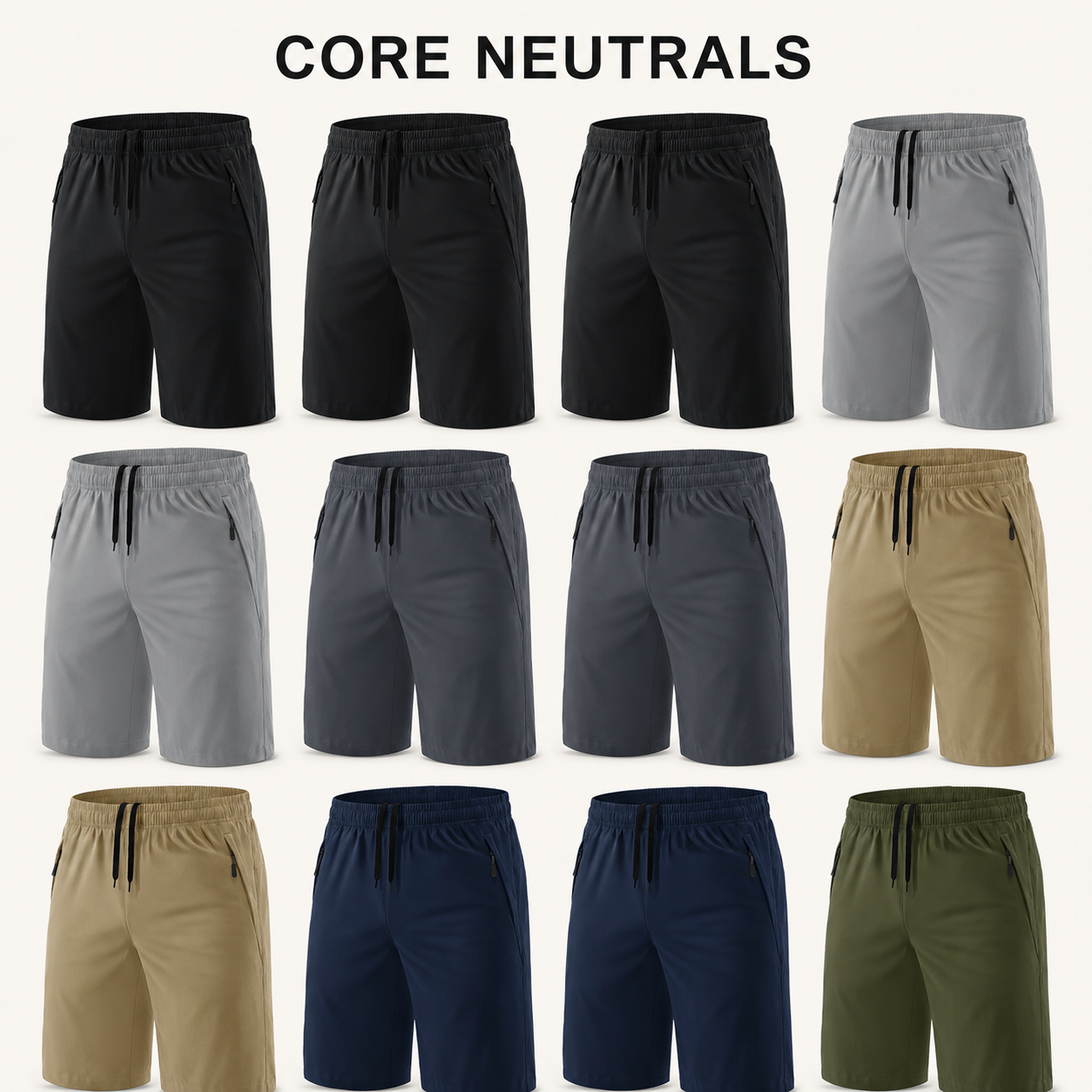 Core Neutrals 12-piece men's 9-inch quick-dry athletic shorts bundle