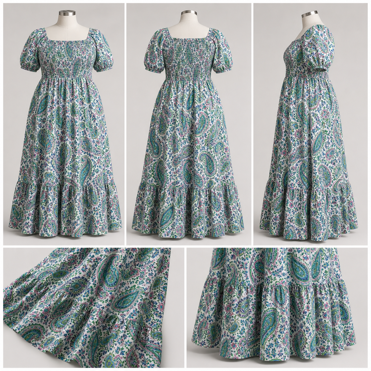 Women's Plus-Size Floral Puff-Sleeve Maxi Dress construction and fit details
