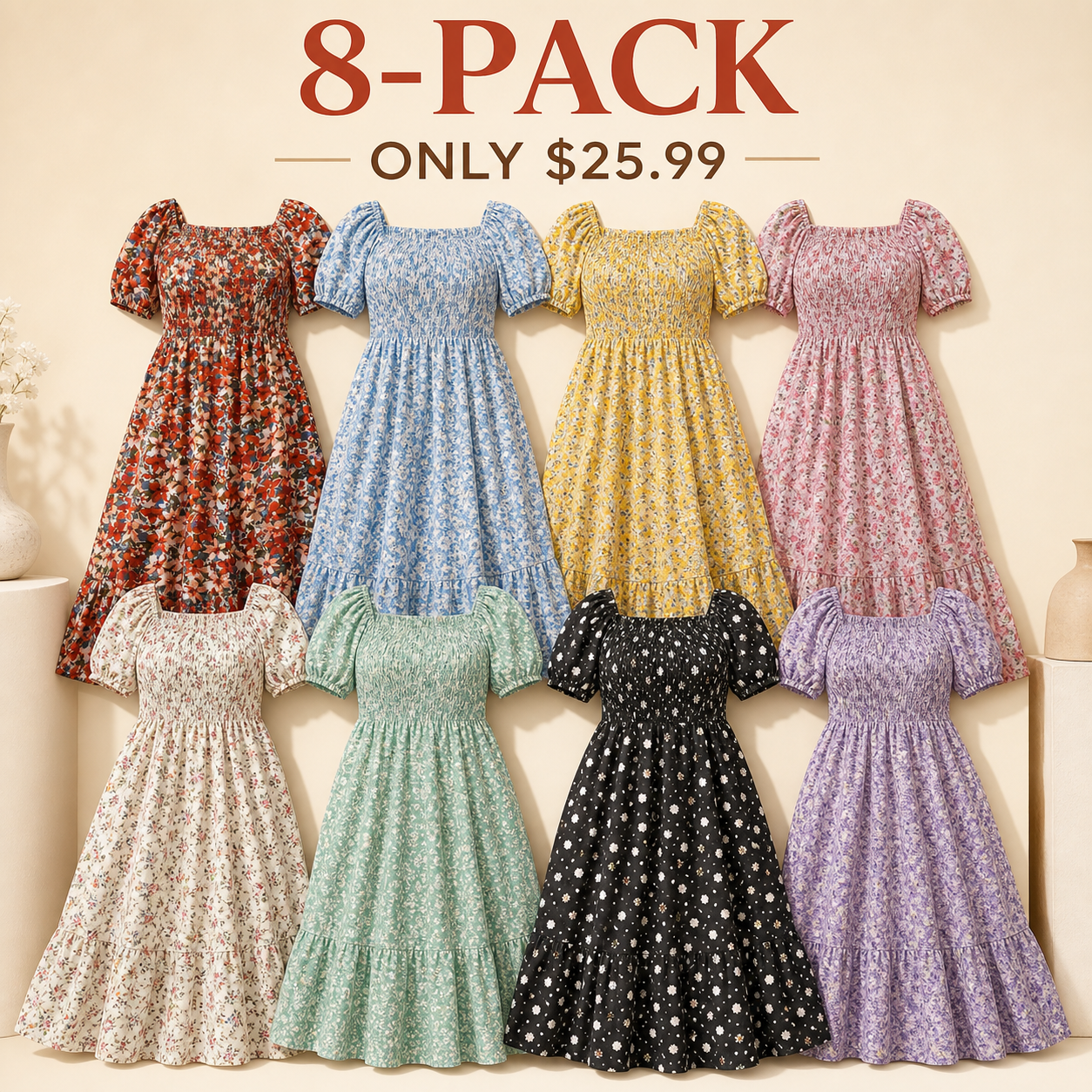 Summer Garden 8-piece women's plus-size floral puff-sleeve maxi dress bundle