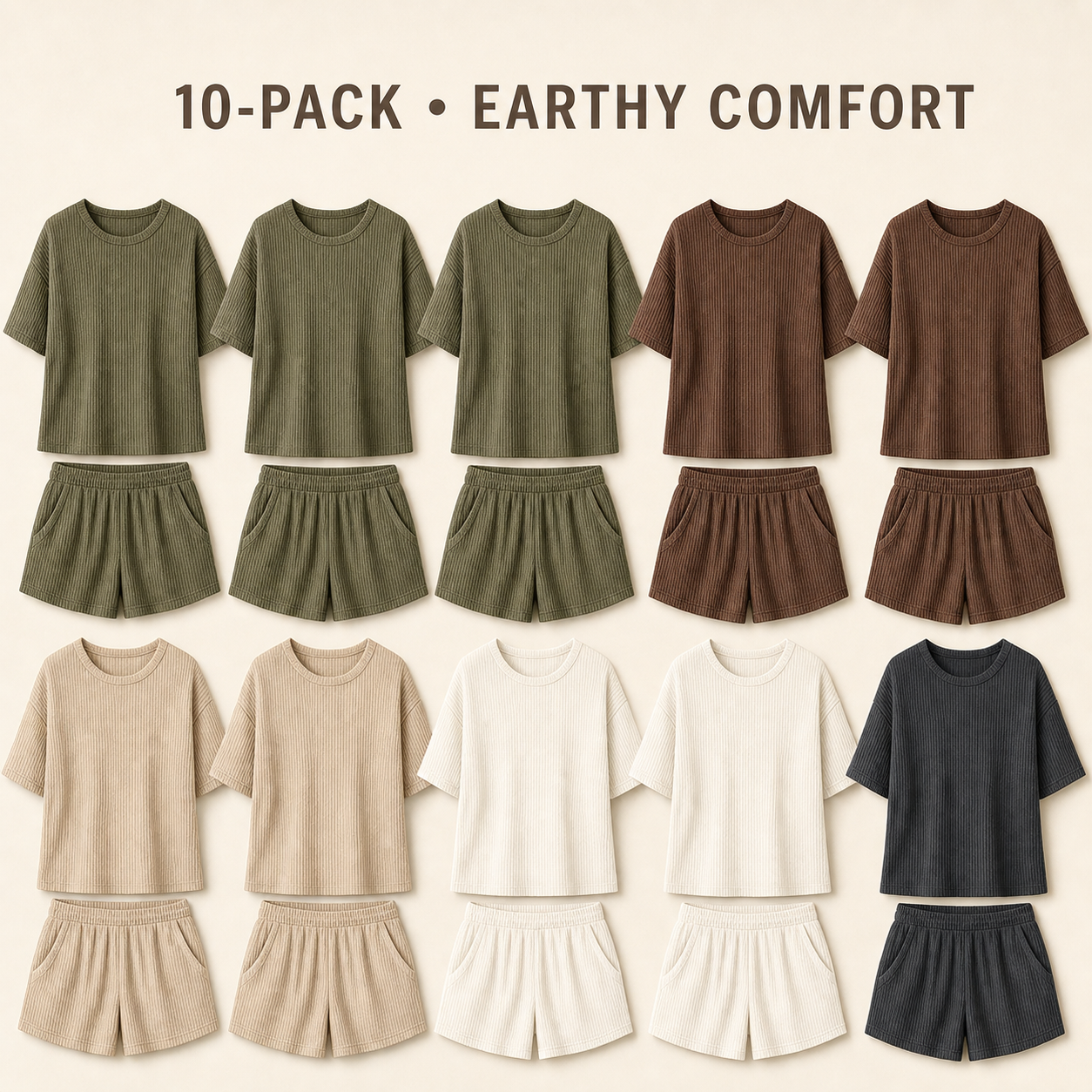 Earthy Comfort 10-piece women's ribbed-knit tee & shorts set bundle
