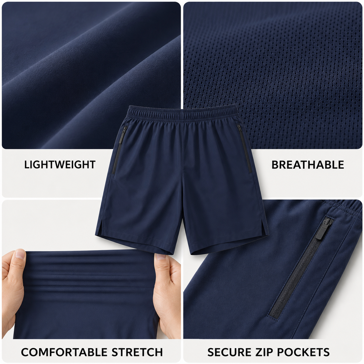 Men's Lightweight Zipper Pocket Shorts feature details and construction