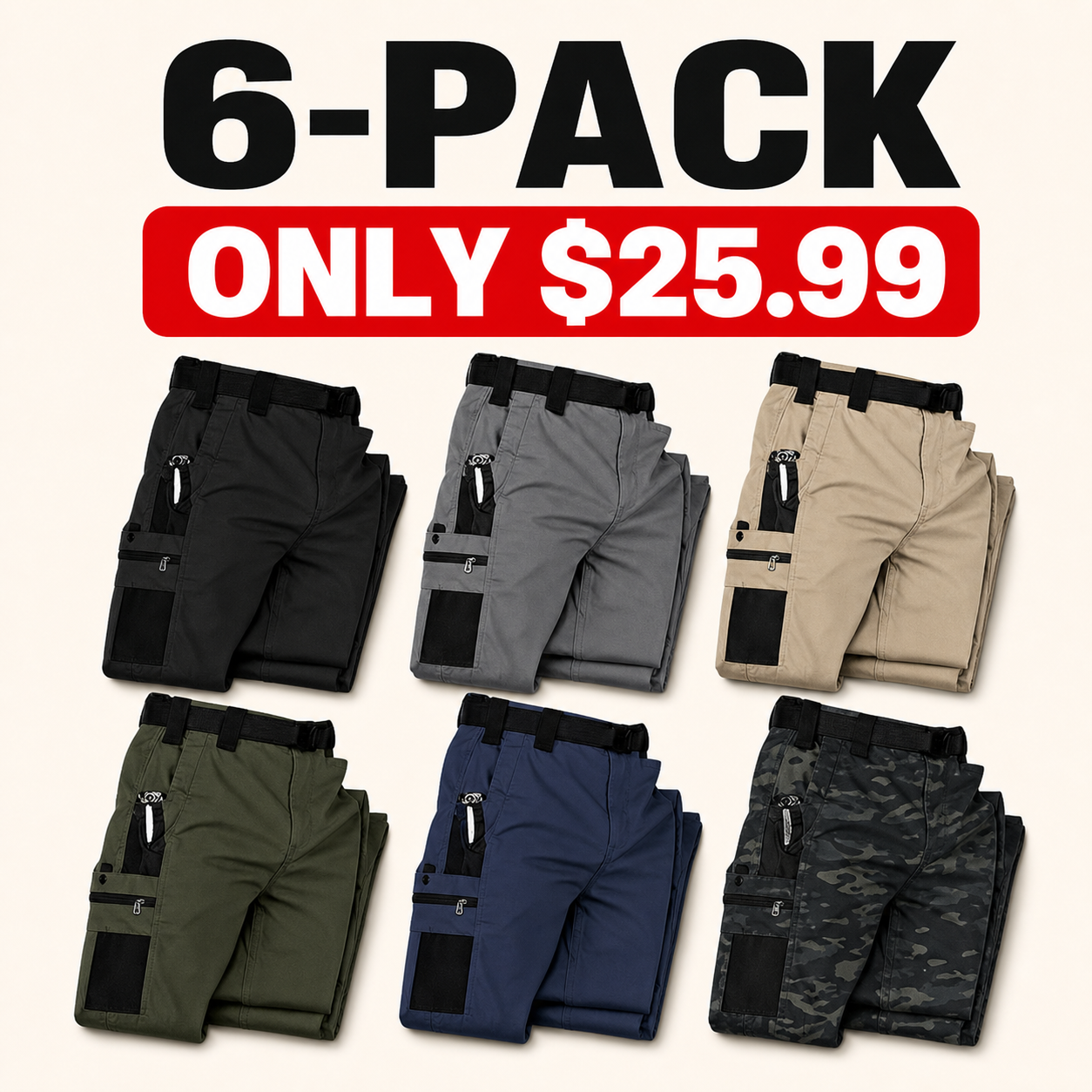 Six-pack men's tactical cargo pants in six colors - only $25.99