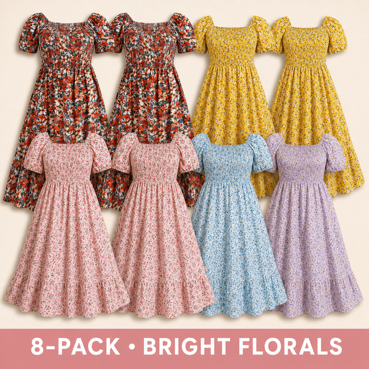 Bright Florals 8-piece women's plus-size floral puff-sleeve maxi dress bundle
