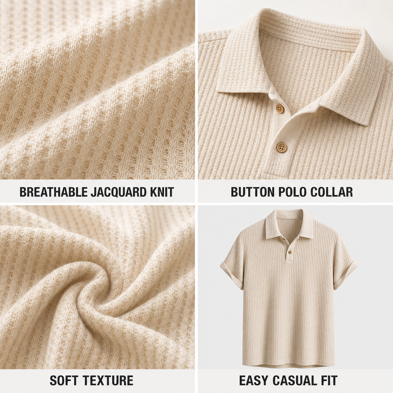 Men's Breathable Jacquard Knit Button Polo feature details and construction