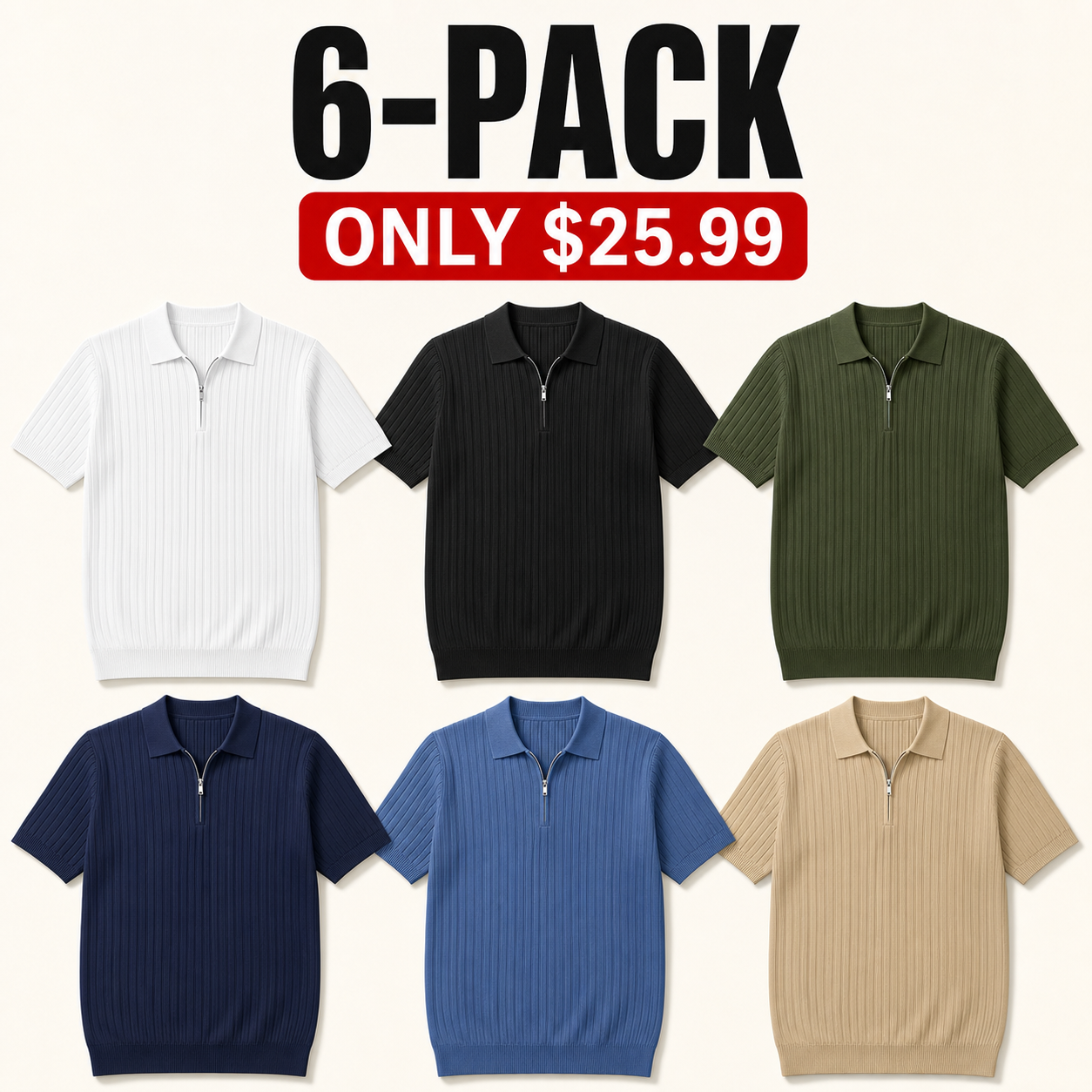 1 of Each Color 6-piece men's ribbed knit half-zip polo shirt bundle