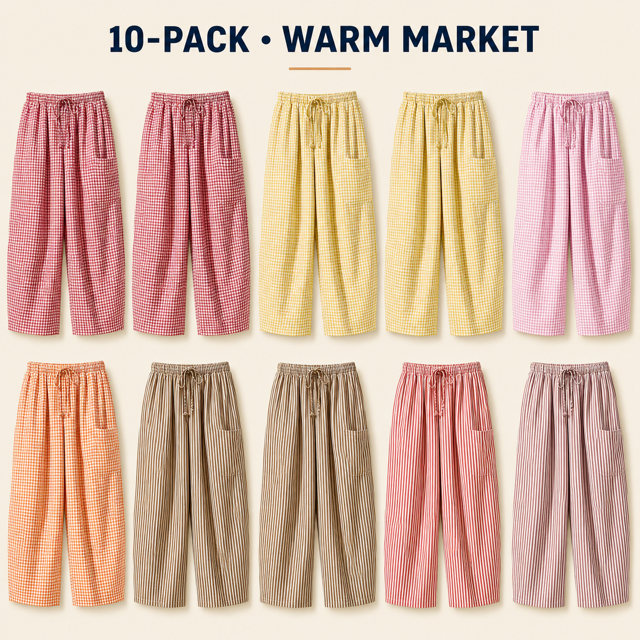 Warm Market 10-piece women's linen-blend gingham wide-leg pants bundle