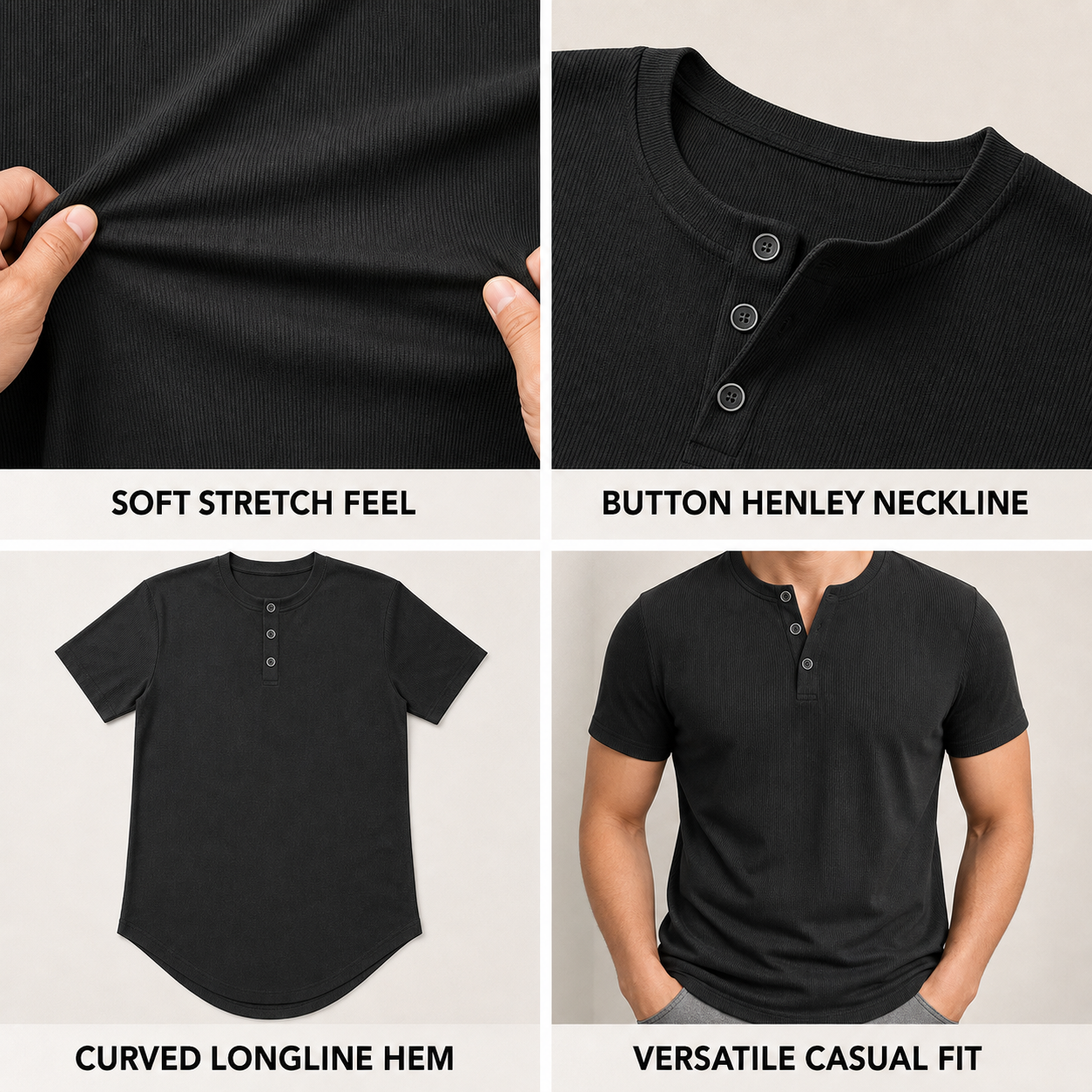 Men's Slim-Fit Longline Henley Shirt feature details and construction