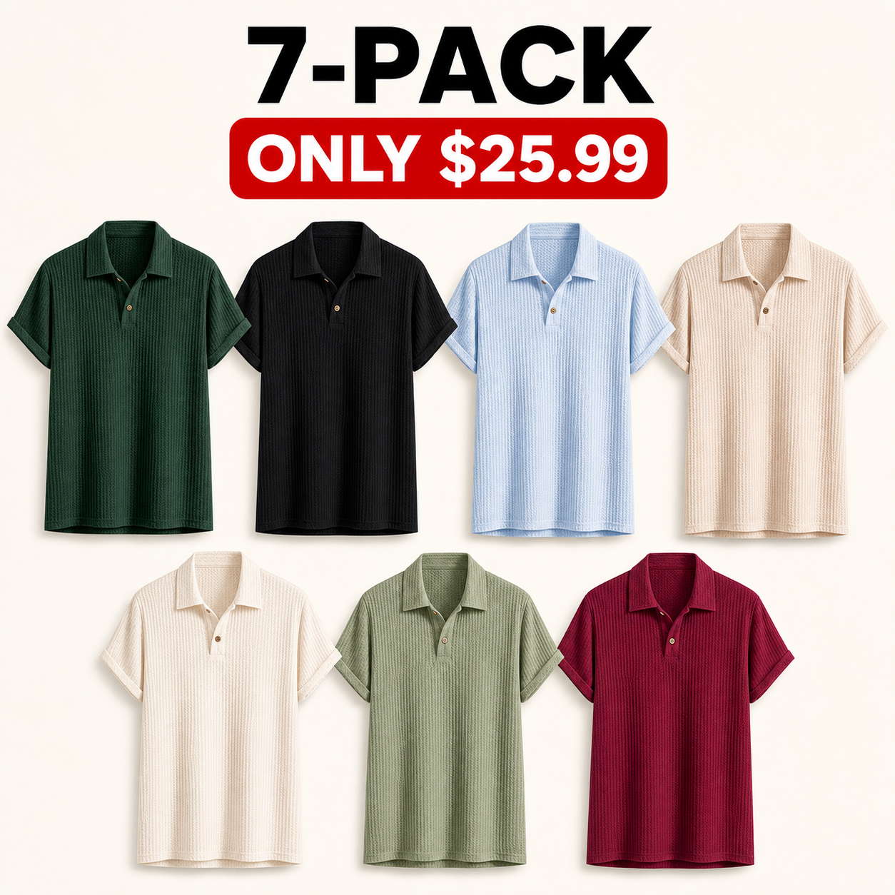 1 of Each Color 7-piece men's breathable jacquard knit button polo bundle