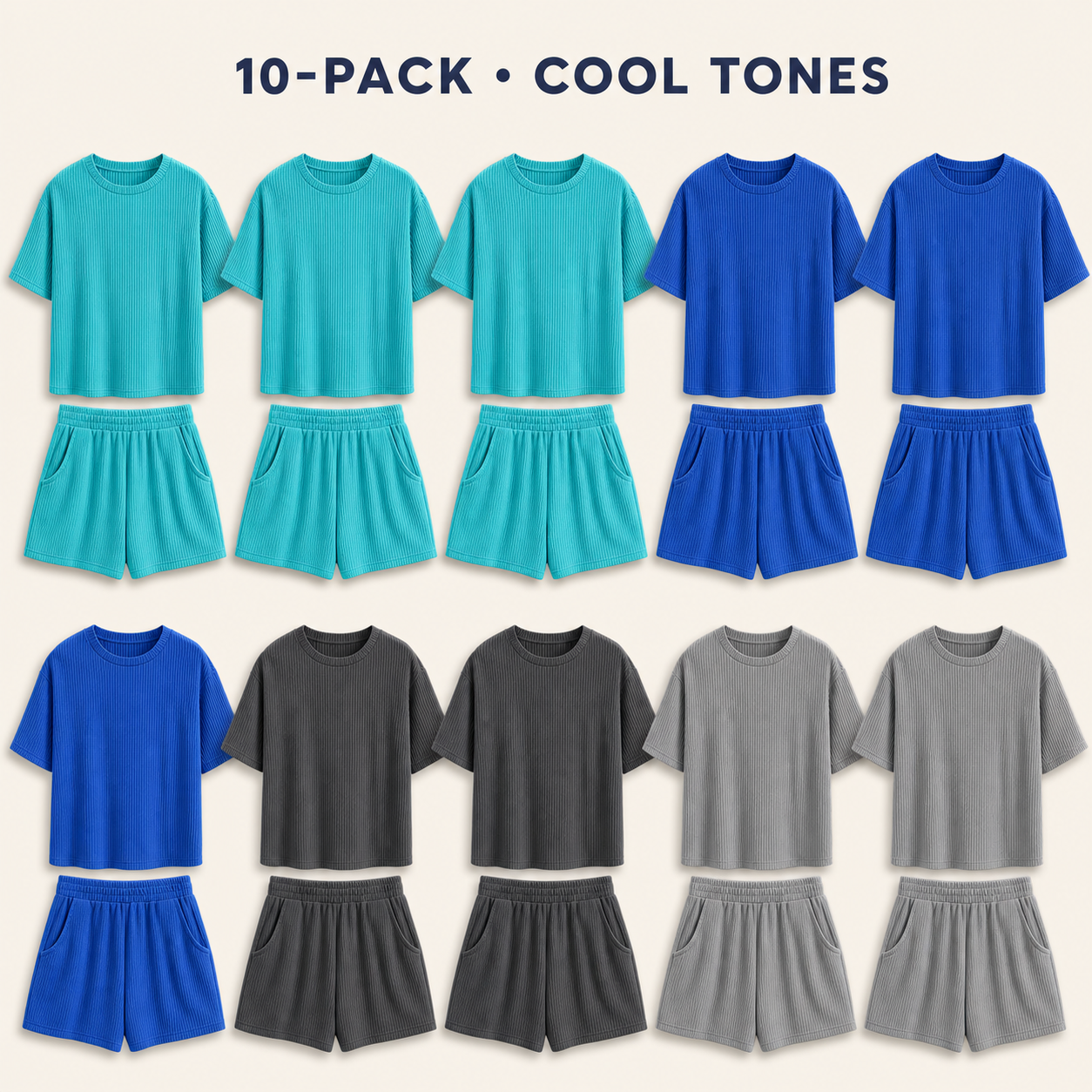 Cool Tones 10-piece women's ribbed-knit tee & shorts set bundle