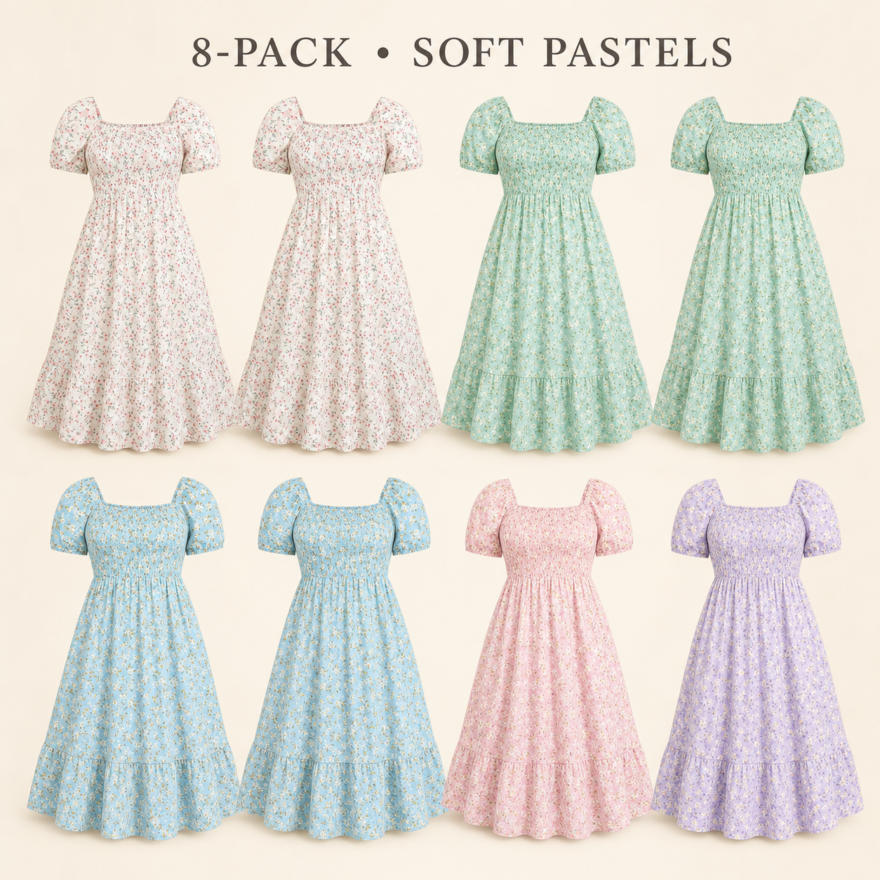 Soft Pastels 8-piece women's plus-size floral puff-sleeve maxi dress bundle