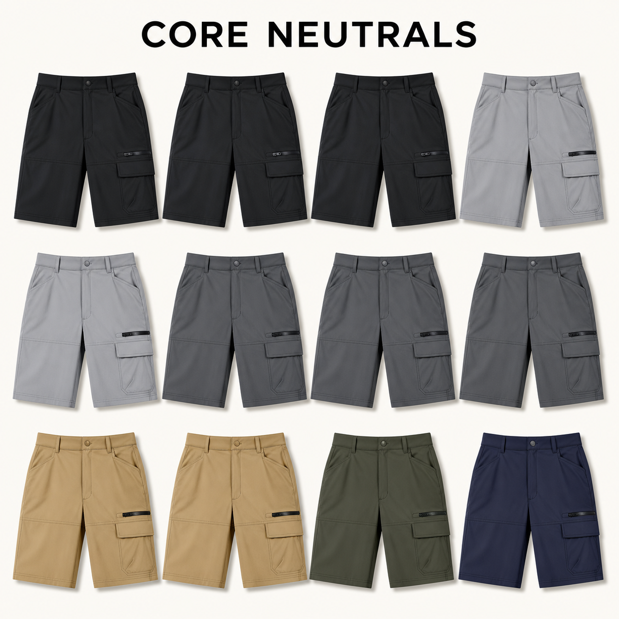 Core Neutrals 12-piece men's 9-inch quick-dry cargo shorts bundle