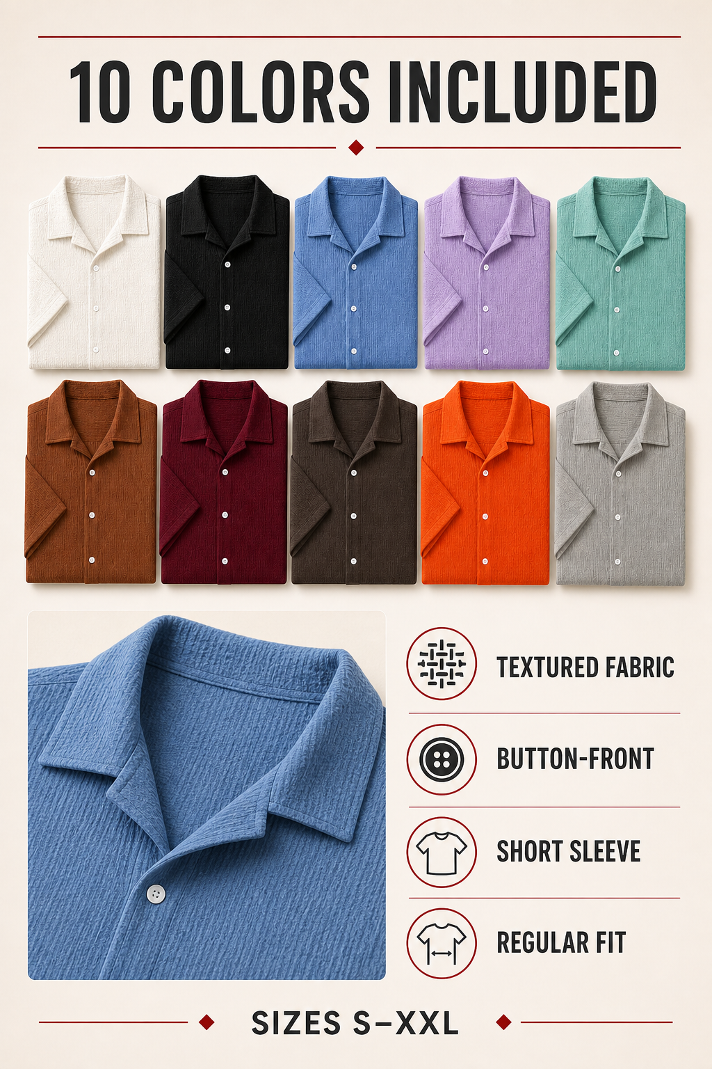 Men's textured shirt colors, fabric, fit, and size details