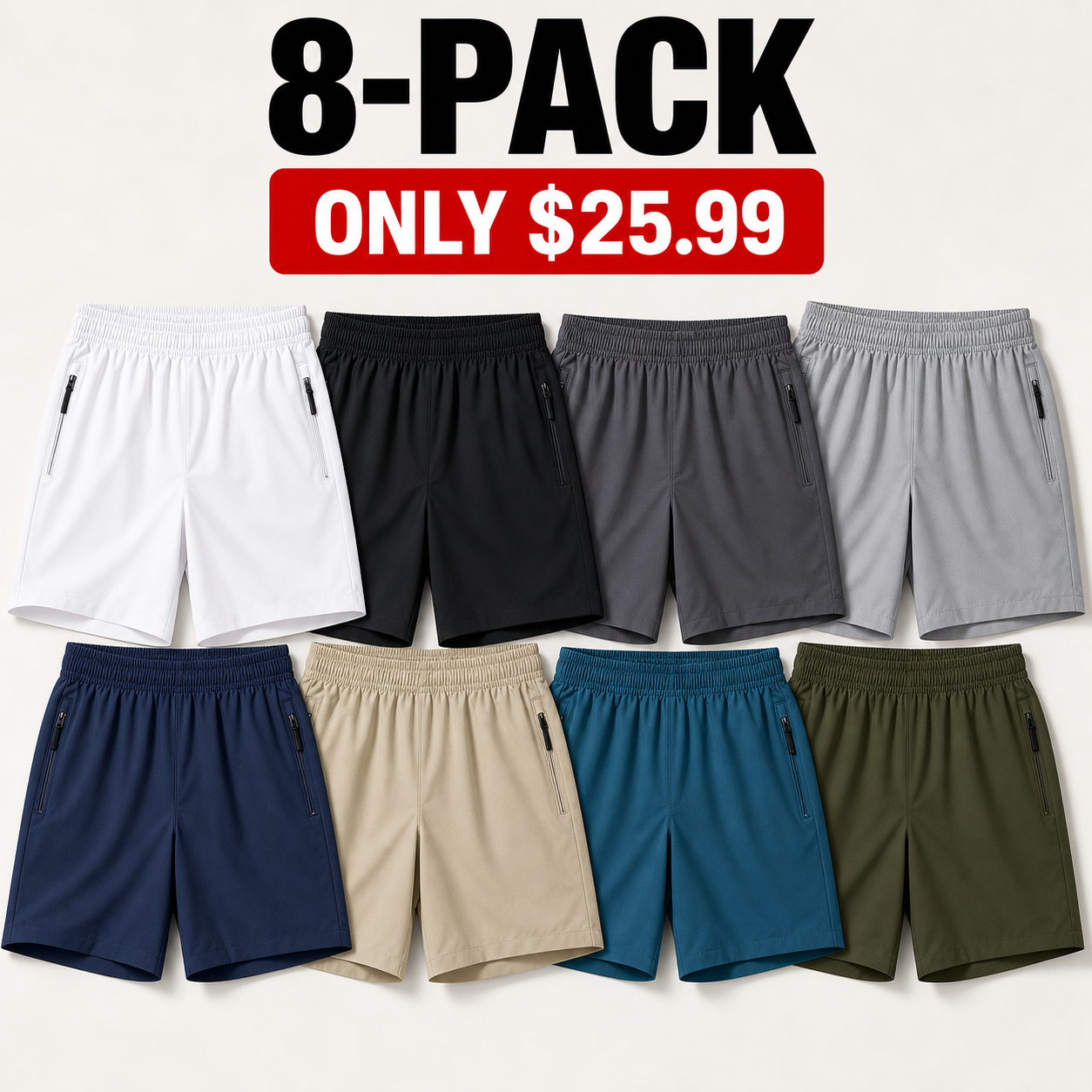 Everyday Mix 8-piece men's lightweight zipper pocket shorts bundle