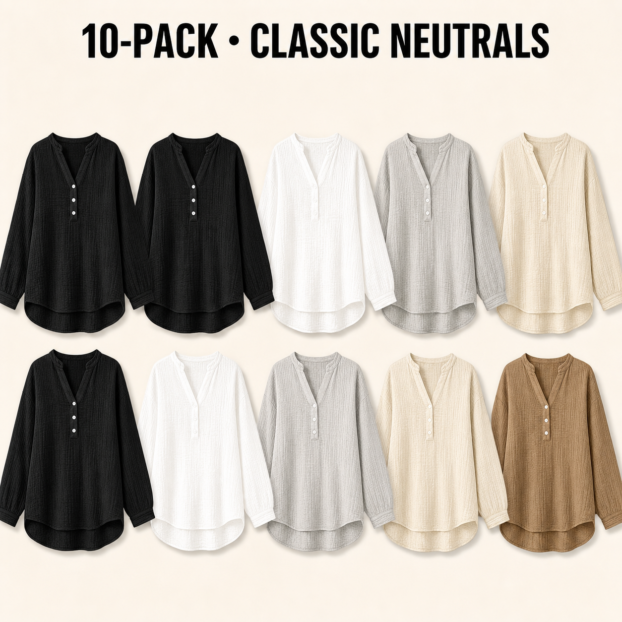 Classic Neutrals 10-piece women's cotton v-neck button blouse bundle