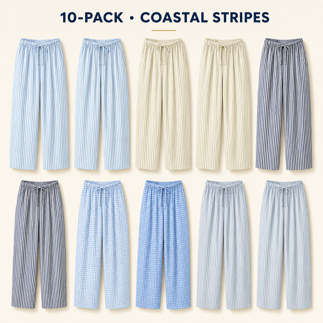 Coastal Stripes 10-piece women's linen-blend gingham wide-leg pants bundle