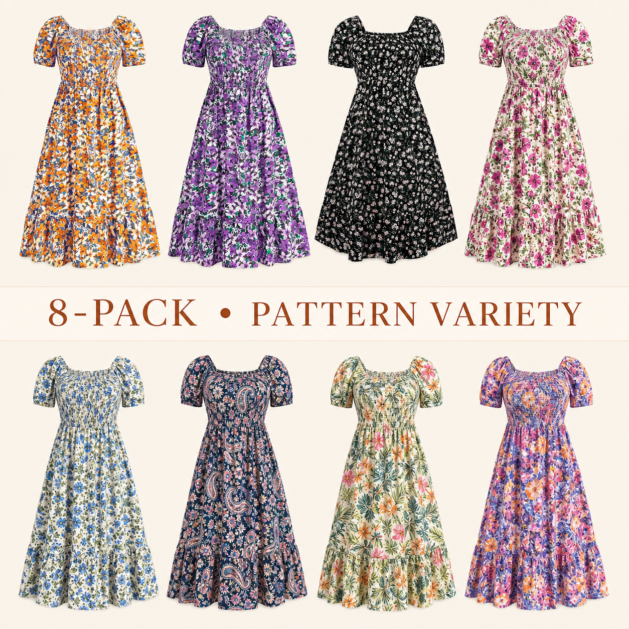 Pattern Variety 8-piece women's plus-size floral puff-sleeve maxi dress bundle
