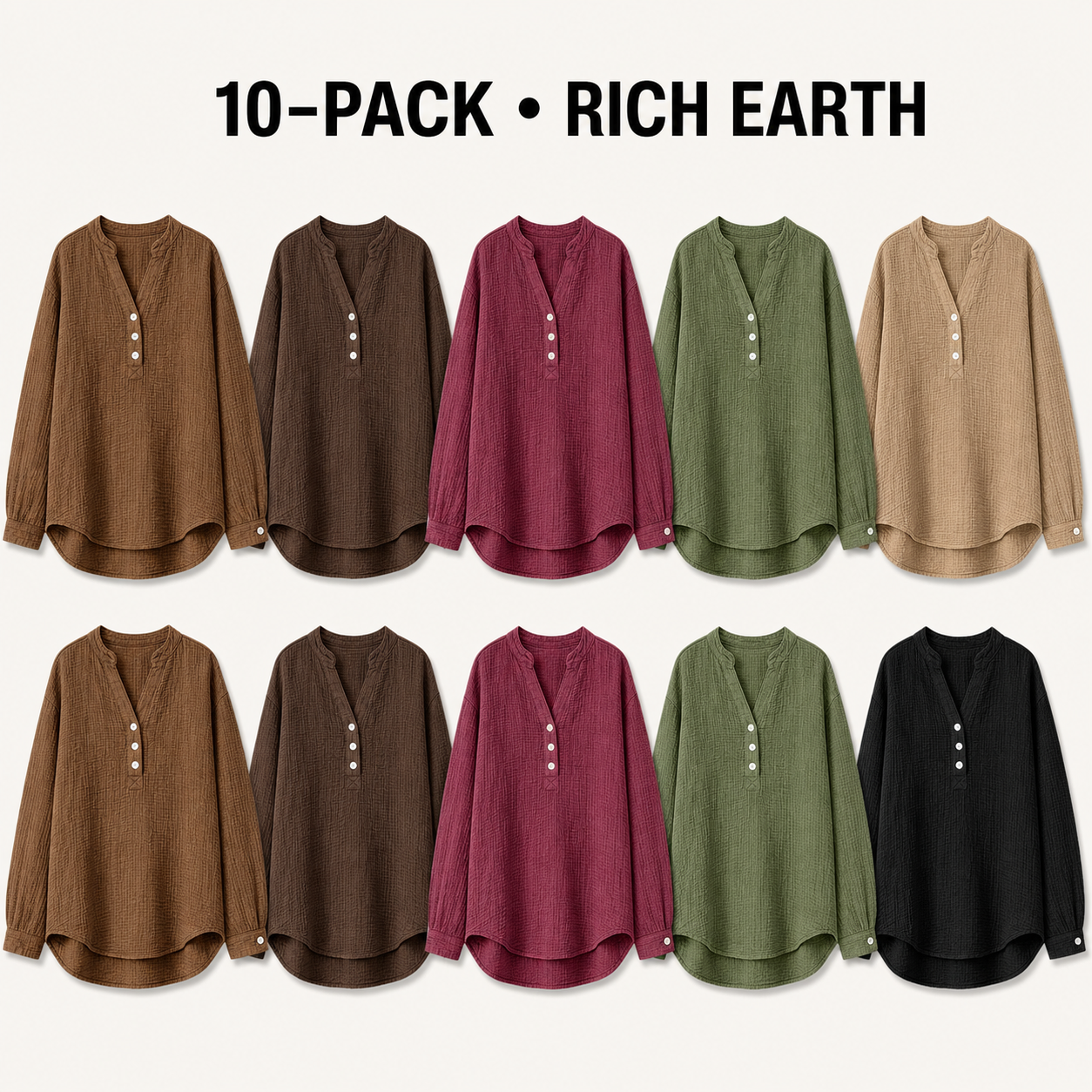 Rich Earth 10-piece women's cotton v-neck button blouse bundle