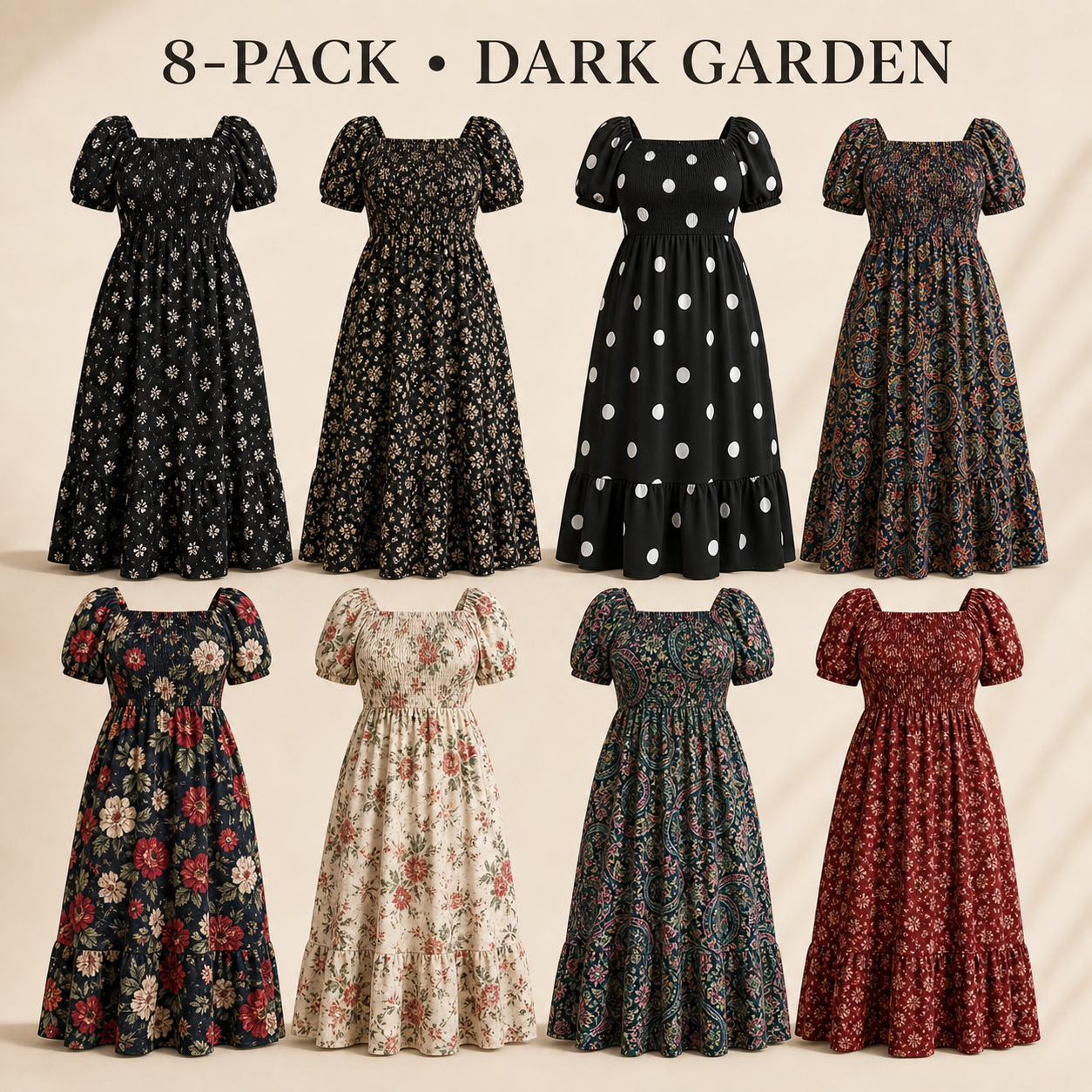 Dark Garden 8-piece women's plus-size floral puff-sleeve maxi dress bundle