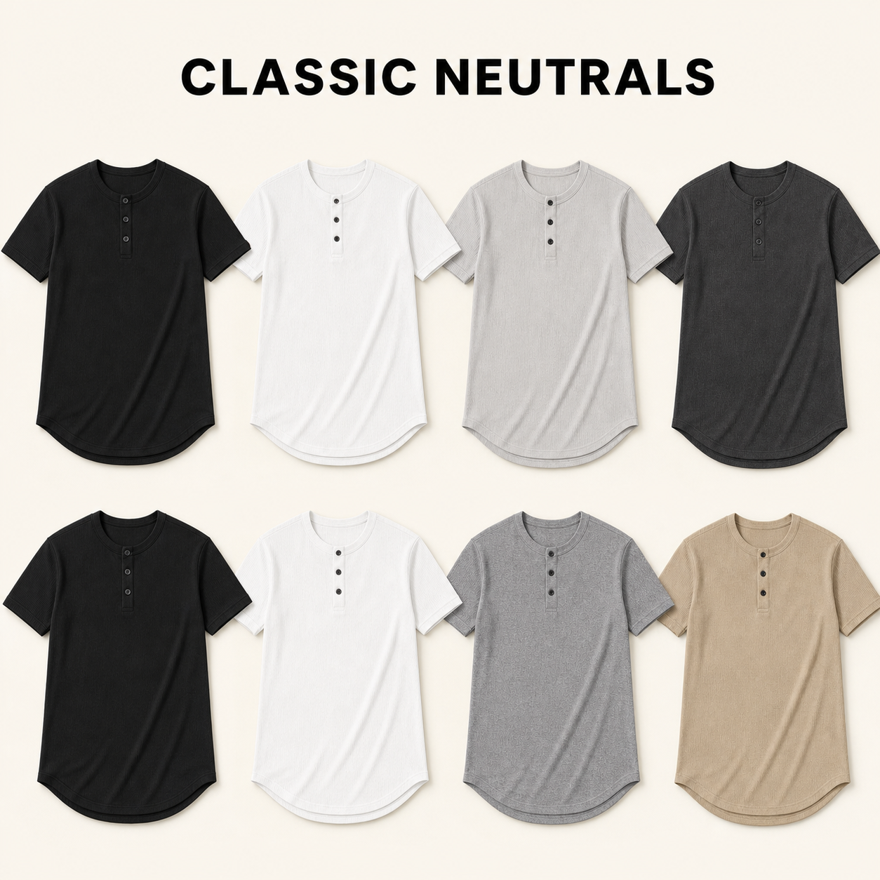 Classic Neutrals 8-piece men's slim-fit longline henley shirt bundle