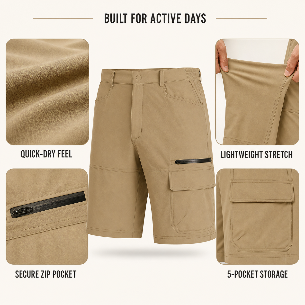 Men's 9-Inch Quick-Dry Cargo Shorts feature details and construction
