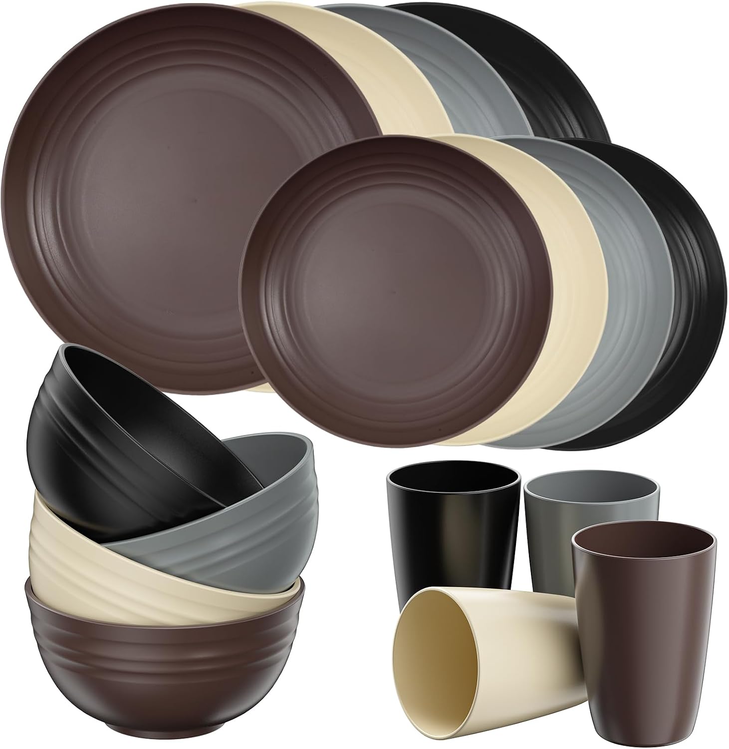 24 Piece Plates and Bowls Sets for 6, Unbreakable Dinnerware Sets, Dish Set for Camping, Dishwasher Microwave Safe, Outdoor Kitchen and Apartment Dorm Dinning RV Essentials, Black