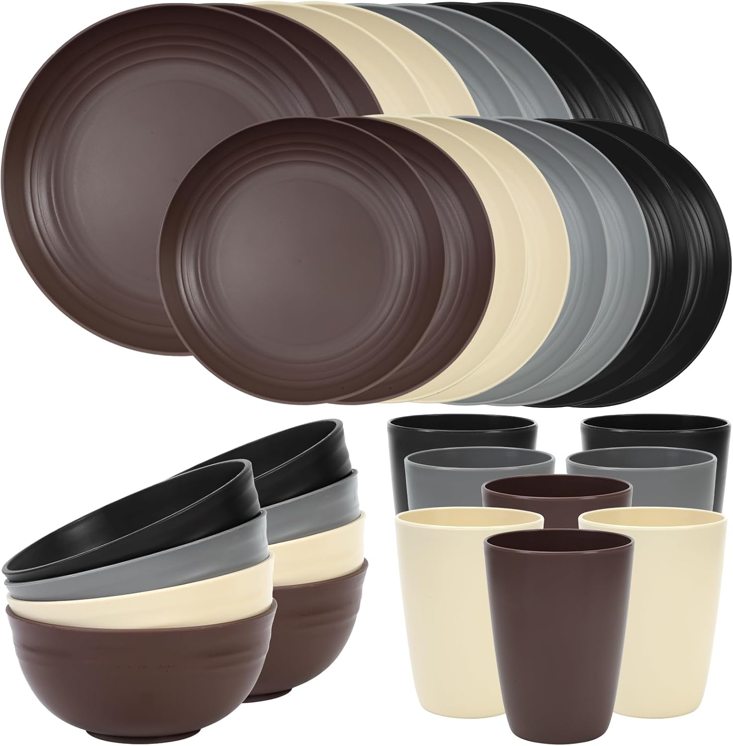 24 Piece Plates and Bowls Sets for 6, Unbreakable Dinnerware Sets, Dish Set for Camping, Dishwasher Microwave Safe, Outdoor Kitchen and Apartment Dorm Dinning RV Essentials, Black