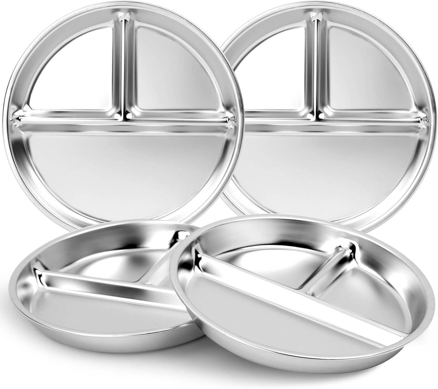 Stainless Steel Kids Plates Set of 4, 9" Portion Control Plates Divided Plate for Adults Toddlers Balance Lunch, Bariatric & Diabetic Diet, Non Toxic Camping Metal Snack Plate for Eating
