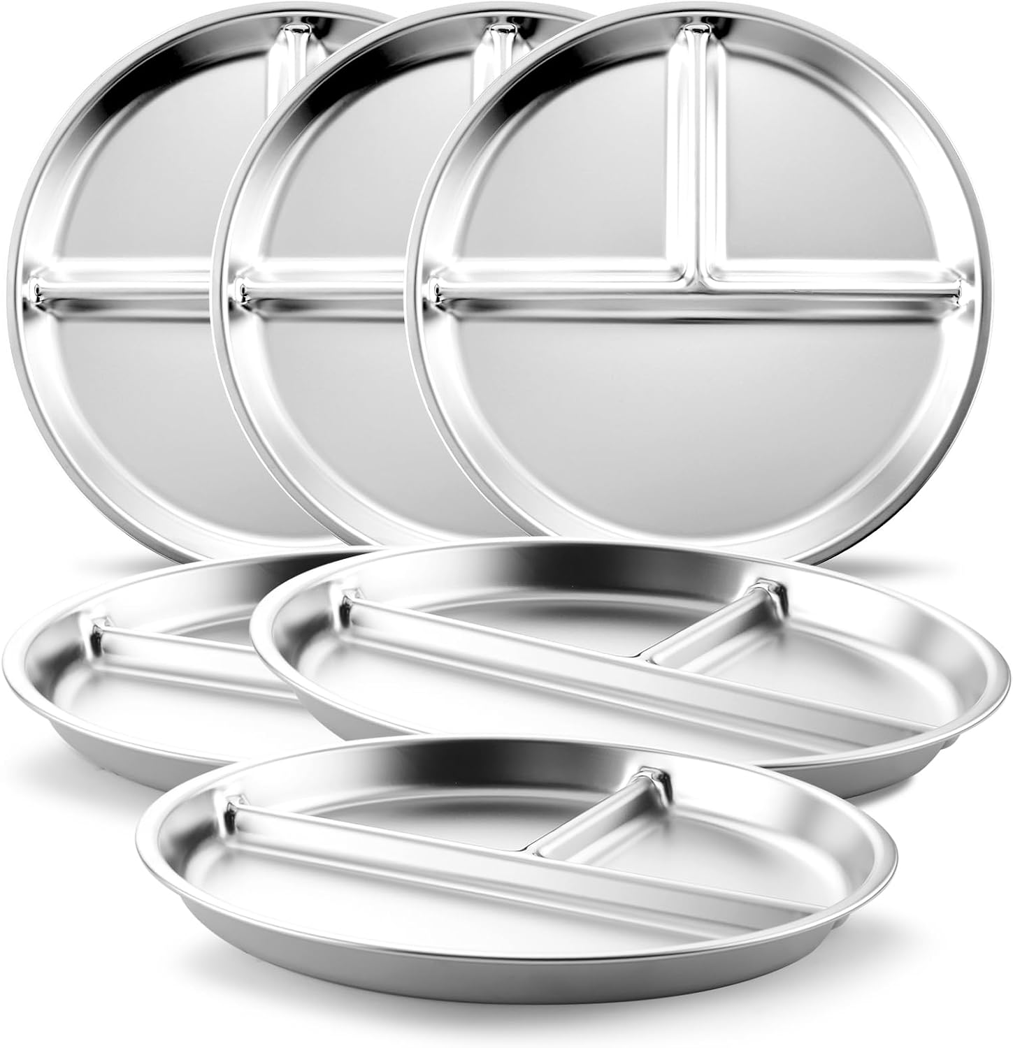 Stainless Steel Kids Plates Set of 4, 9" Portion Control Plates Divided Plate for Adults Toddlers Balance Lunch, Bariatric & Diabetic Diet, Non Toxic Camping Metal Snack Plate for Eating