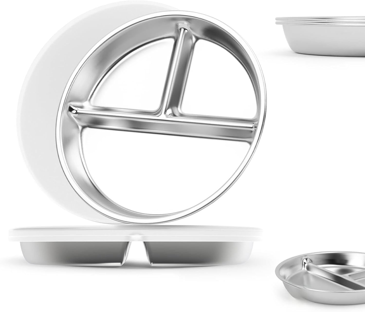 Stainless Steel Kids Plates Set of 4, 9" Portion Control Plates Divided Plate for Adults Toddlers Balance Lunch, Bariatric & Diabetic Diet, Non Toxic Camping Metal Snack Plate for Eating