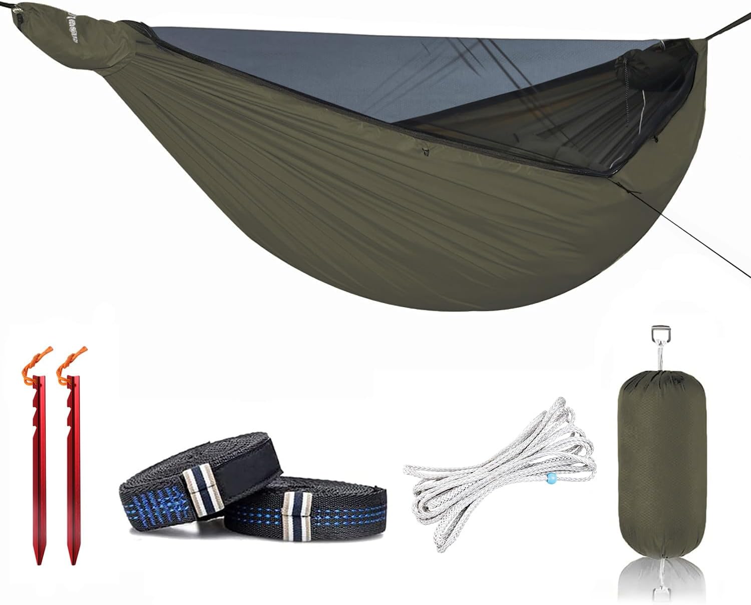 11ft Ultralight Camping Hammock with Mosquito Net and Ridgeline | 70D Hexagon Ripstop Nylon, Integrated No-see-ums Bugnet, 64'' Single Wide Panel, Lightweight Hammock for Hiking Backpacking