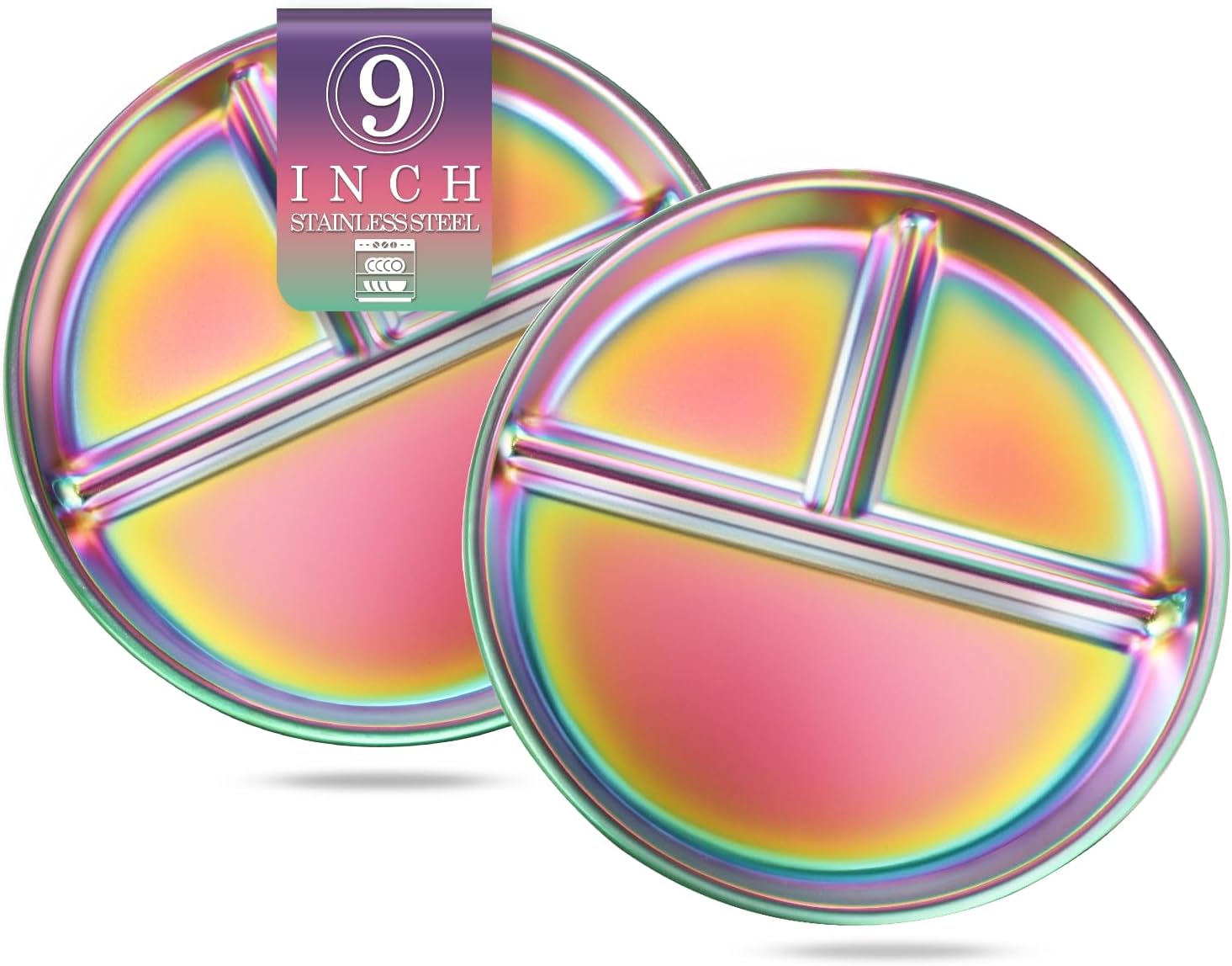 Stainless Steel Kids Plates Set of 4, 9" Portion Control Plates Divided Plate for Adults Toddlers Balance Lunch, Bariatric & Diabetic Diet, Non Toxic Camping Metal Snack Plate for Eating