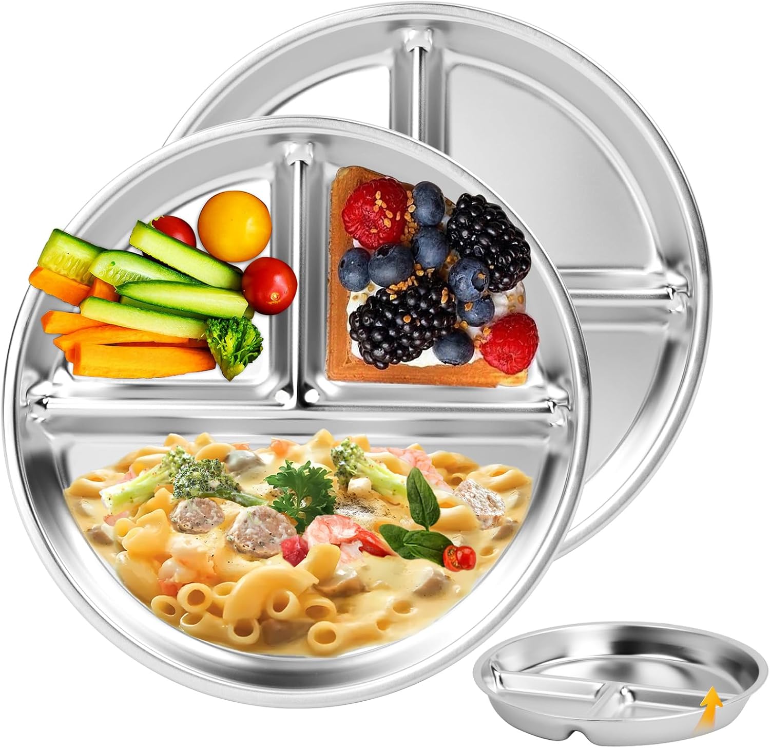 Stainless Steel Kids Plates Set of 4, 9" Portion Control Plates Divided Plate for Adults Toddlers Balance Lunch, Bariatric & Diabetic Diet, Non Toxic Camping Metal Snack Plate for Eating