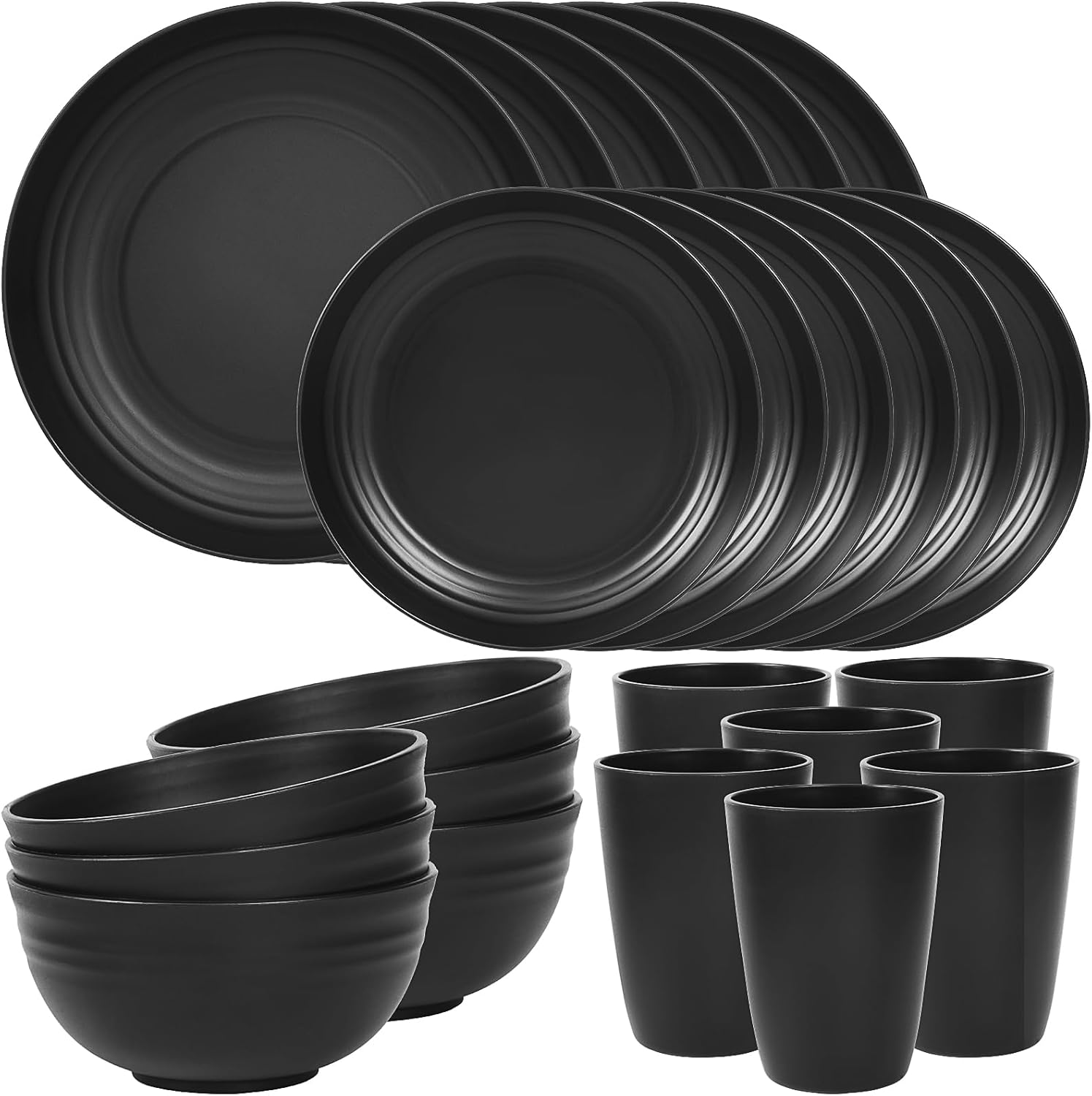 24 Piece Plates and Bowls Sets for 6, Unbreakable Dinnerware Sets, Dish Set for Camping, Dishwasher Microwave Safe, Outdoor Kitchen and Apartment Dorm Dinning RV Essentials, Black