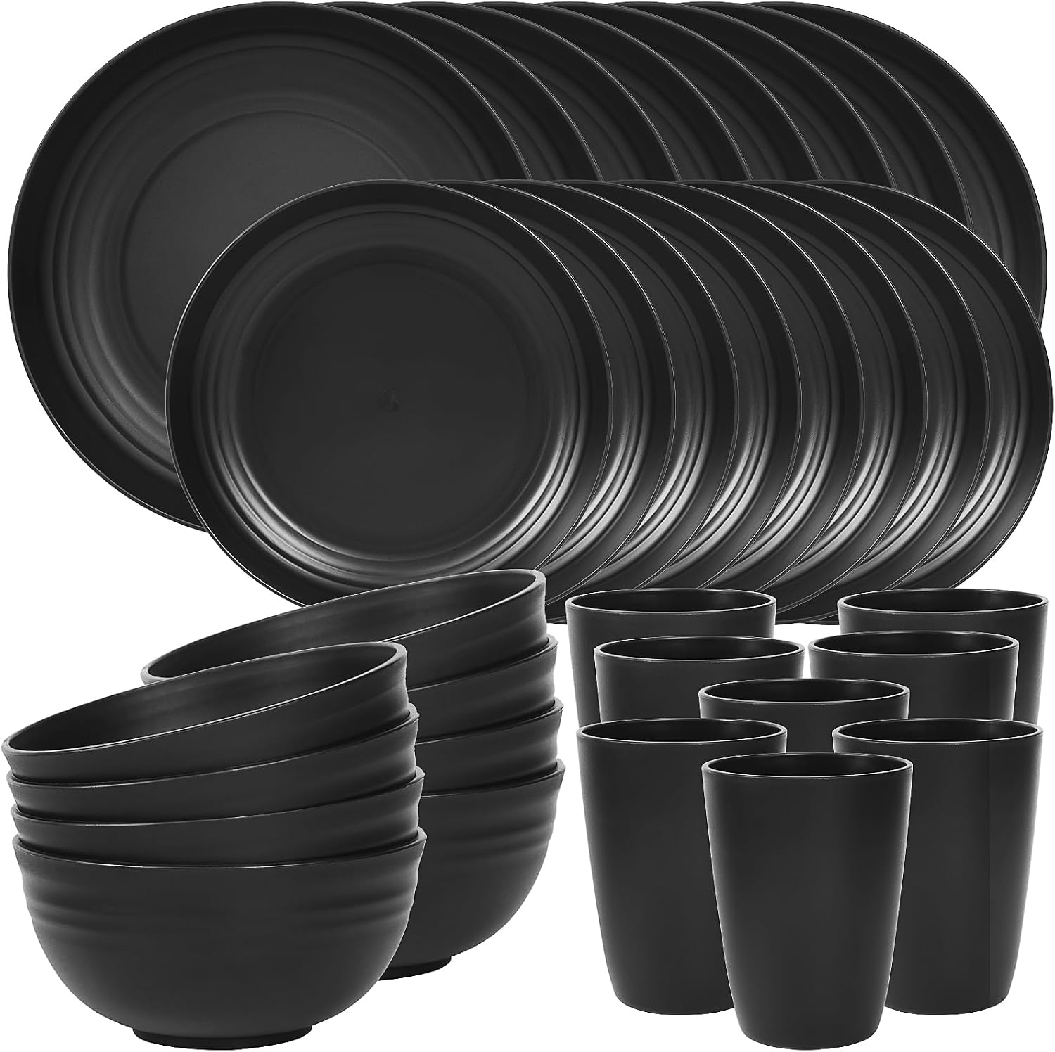 24 Piece Plates and Bowls Sets for 6, Unbreakable Dinnerware Sets, Dish Set for Camping, Dishwasher Microwave Safe, Outdoor Kitchen and Apartment Dorm Dinning RV Essentials, Black