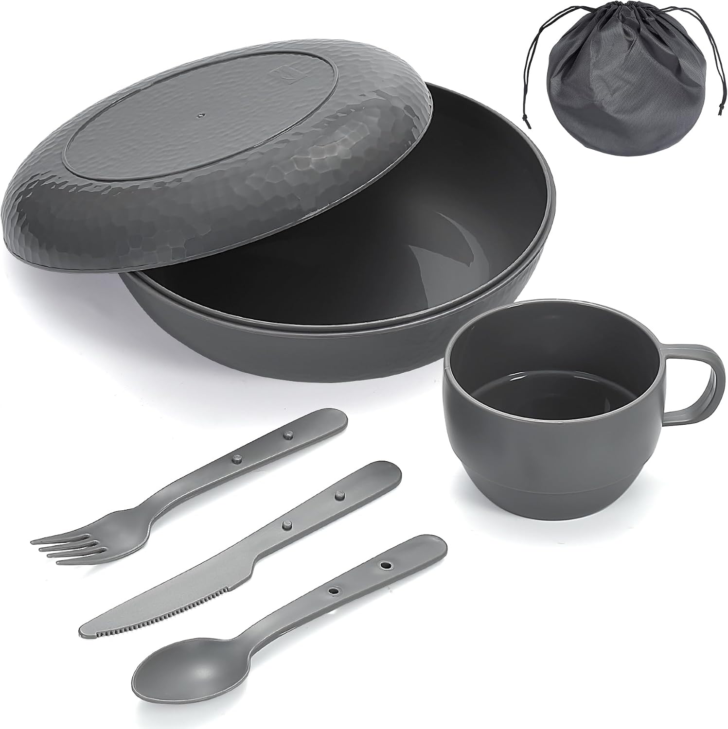 Camping Mess Kit with Bowl, Plate, Cup, Spoon, Fork, Knife and Carry Bag, Plastic Camping Accessories Essentials Gear for Travel, Camping, Picnic, Outdoor, Easy to Carry & Store