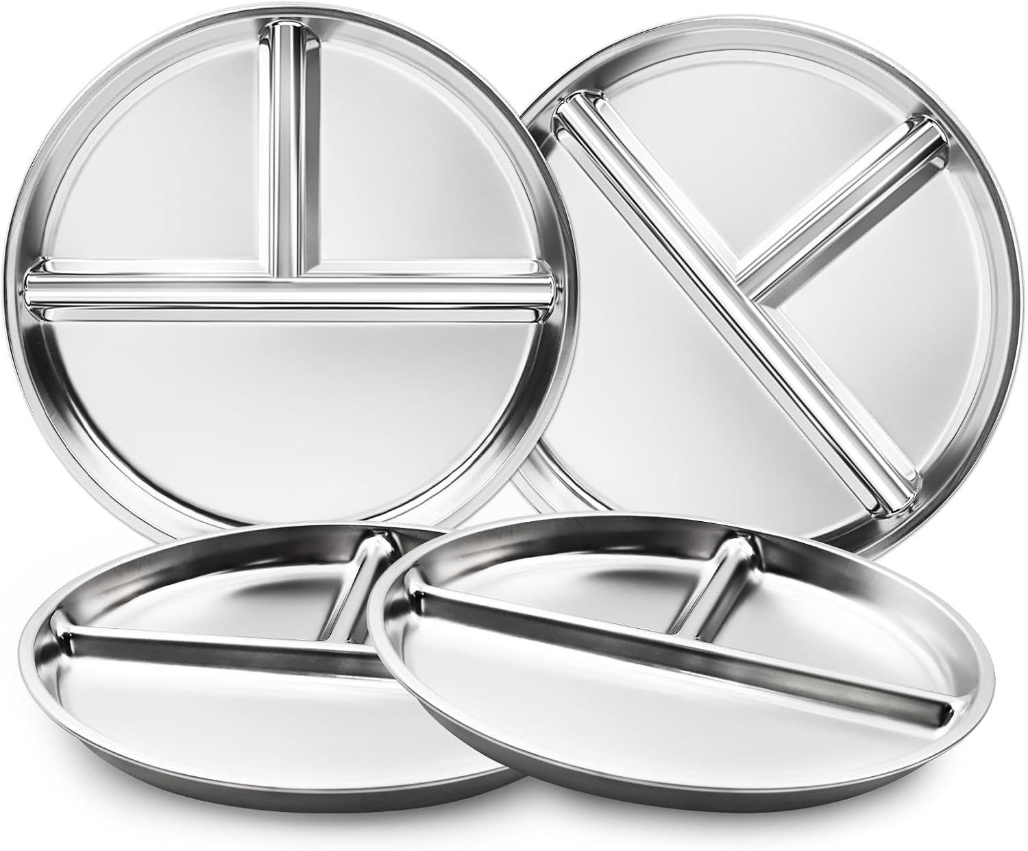 Stainless Steel Kids Plates Set of 4, 9" Portion Control Plates Divided Plate for Adults Toddlers Balance Lunch, Bariatric & Diabetic Diet, Non Toxic Camping Metal Snack Plate for Eating