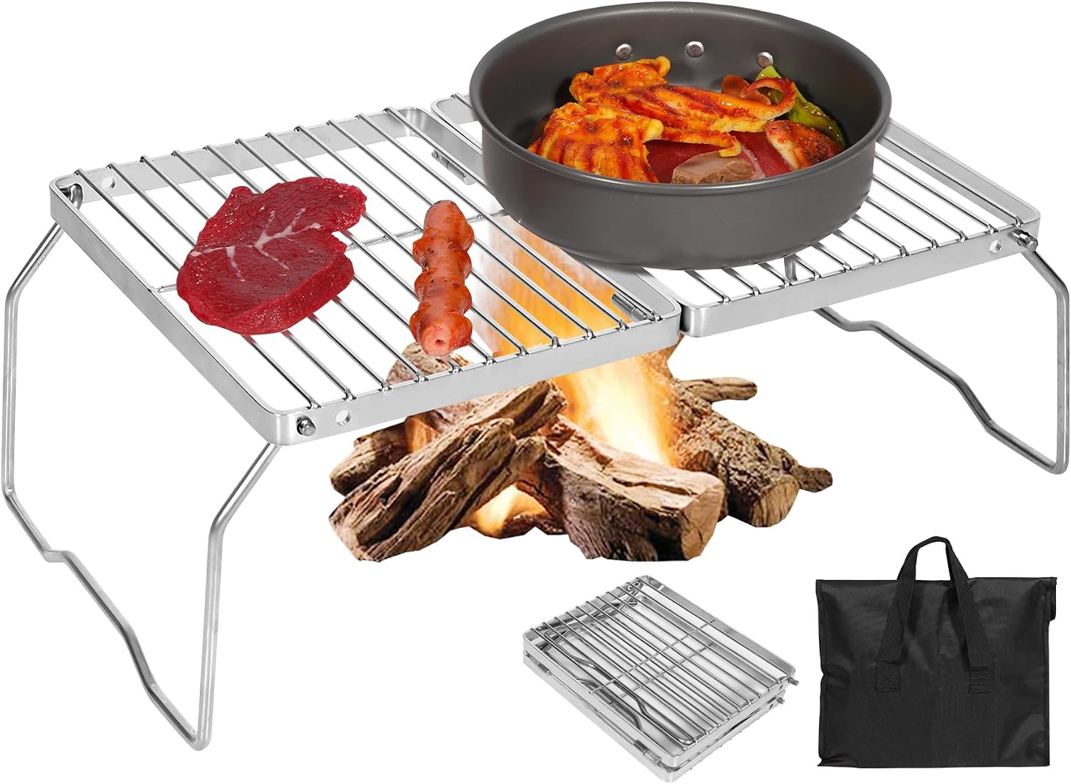 17" Large Folding Campfire Grill 304 Stainless Steel Grate, Heavy Duty Portable Camping Grill with Carrying Bag for Outdoor Cooking Backpacking Hiking Picnics BBQ