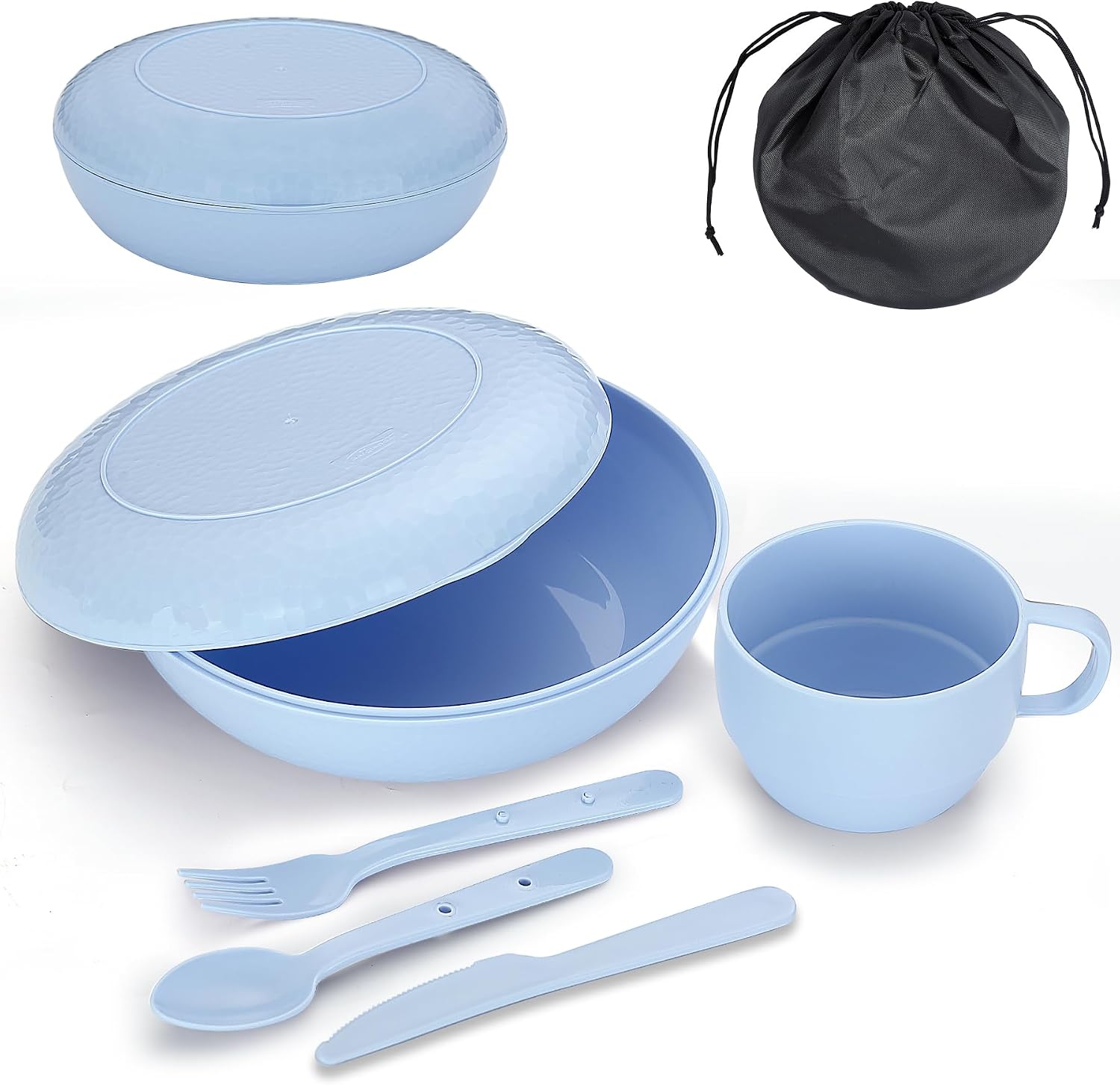 Camping Mess Kit with Bowl, Plate, Cup, Spoon, Fork, Knife and Carry Bag, Reusable Camping Accessories Essentials Gear