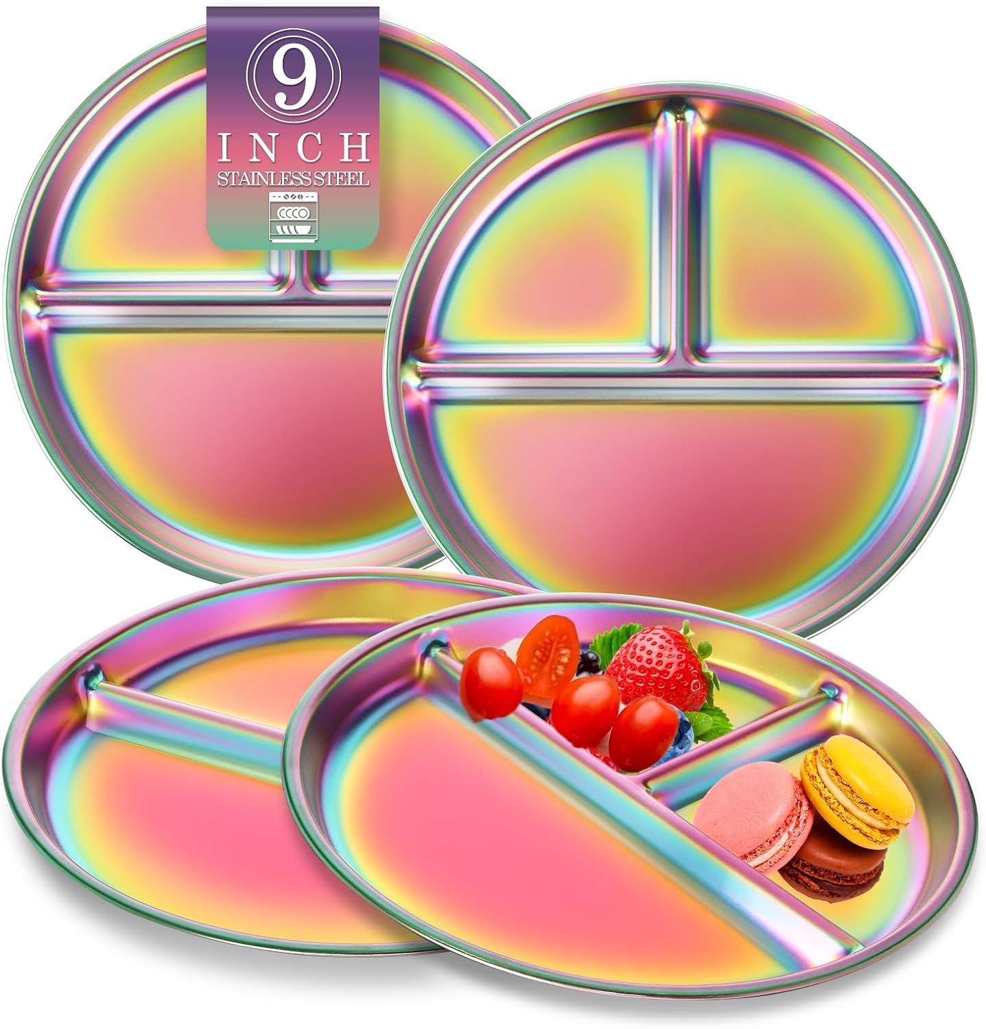 Stainless Steel Kids Plates Set of 4, 9" Portion Control Plates Divided Plate for Adults Toddlers Balance Lunch, Bariatric & Diabetic Diet, Non Toxic Camping Metal Snack Plate for Eating