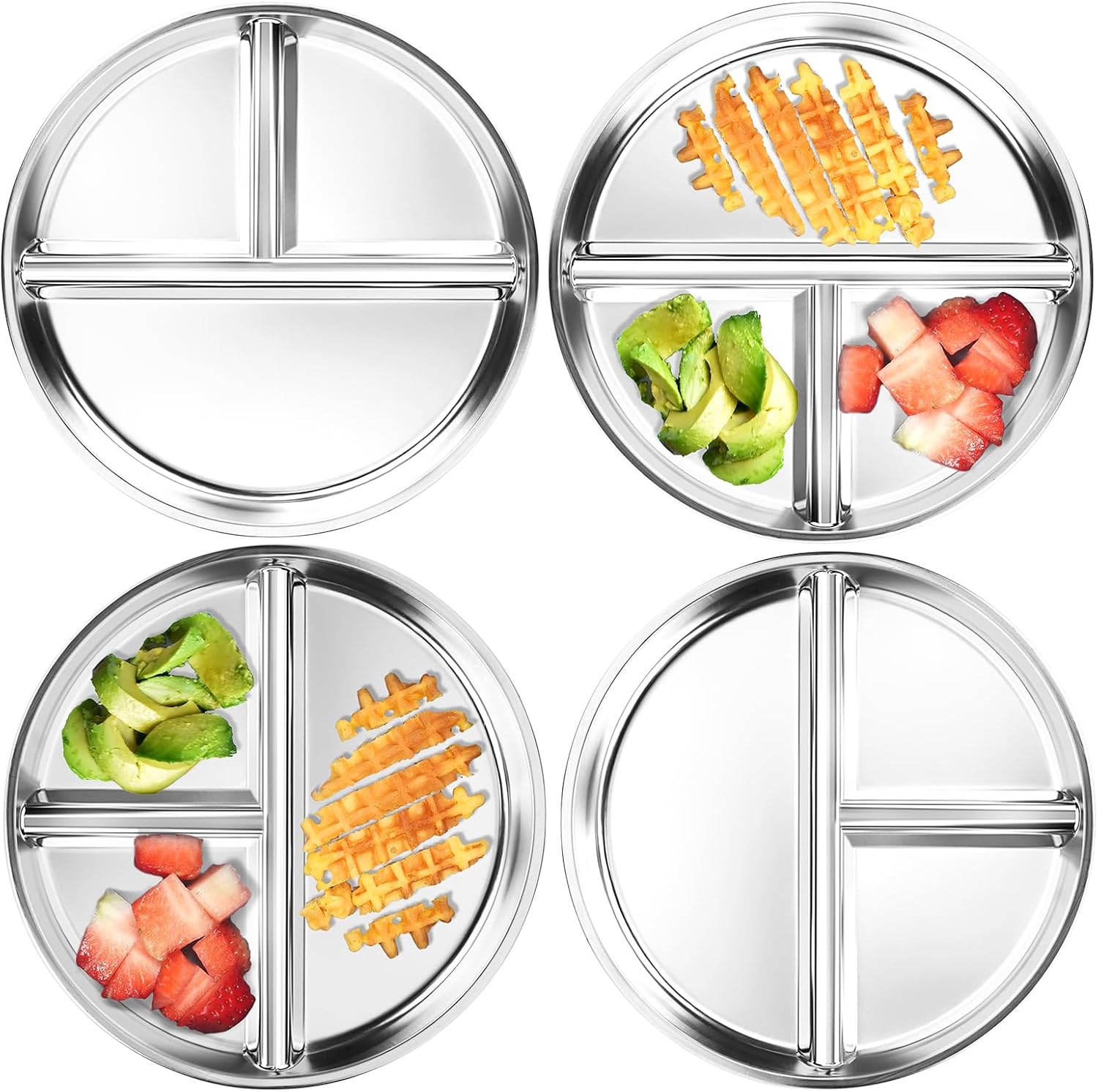 Stainless Steel Kids Plates Set of 4, 9" Portion Control Plates Divided Plate for Adults Toddlers Balance Lunch, Bariatric & Diabetic Diet, Non Toxic Camping Metal Snack Plate for Eating