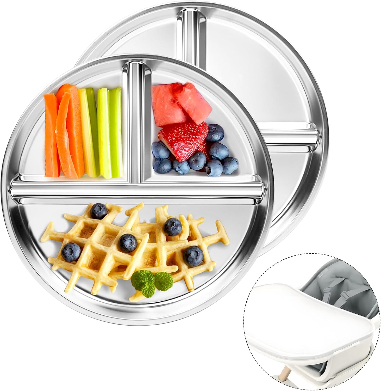Stainless Steel Kids Plates Set of 4, 9" Portion Control Plates Divided Plate for Adults Toddlers Balance Lunch, Bariatric & Diabetic Diet, Non Toxic Camping Metal Snack Plate for Eating