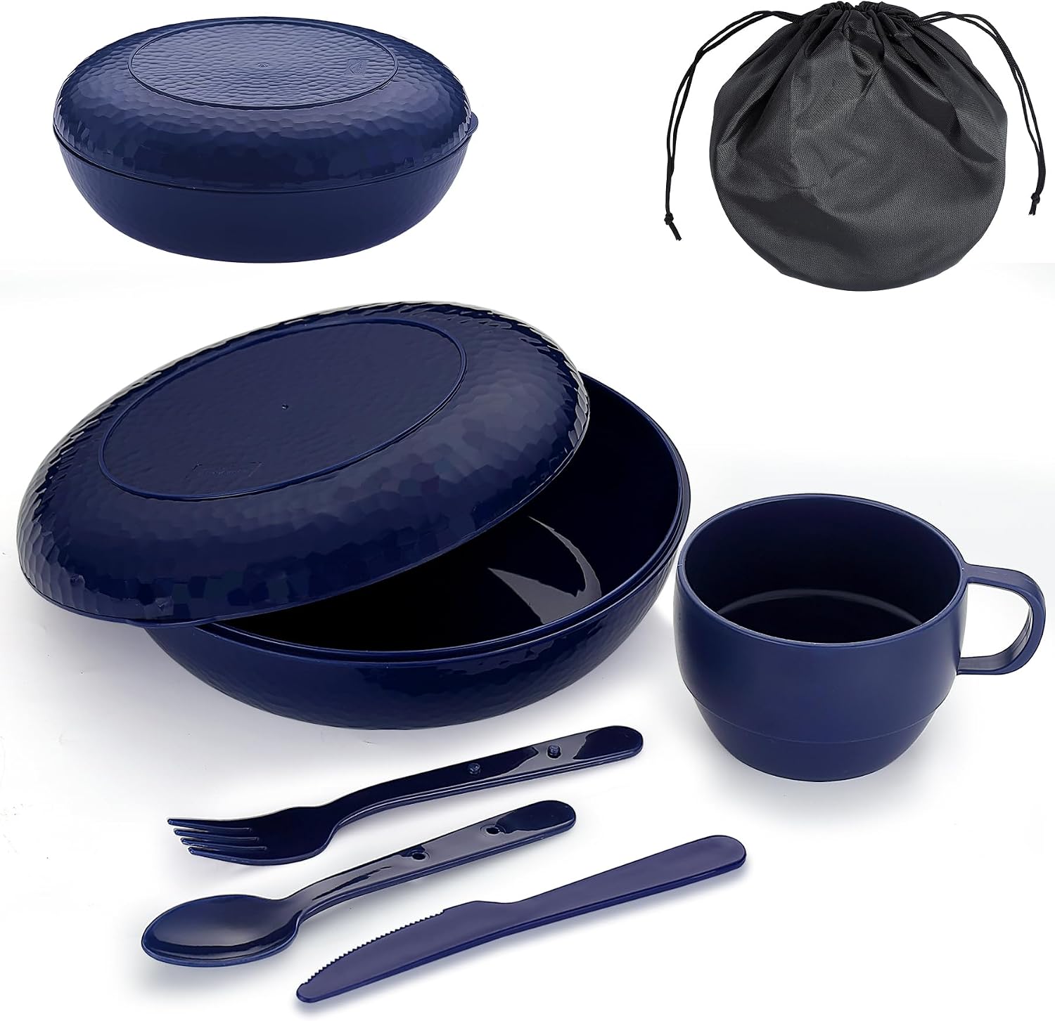 Camping Mess Kit with Bowl, Plate, Cup, Spoon, Fork, Knife and Carry Bag, Reusable Camping Accessories Essentials Gear